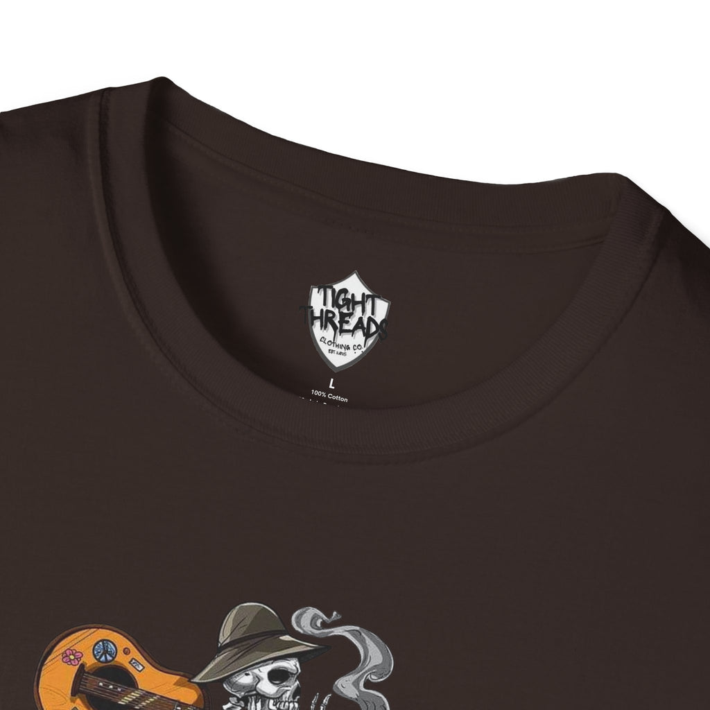 Festival Vibes Unisex Softstyle T-Shirt - Skull Guitar Graphic Tee, Music Lover Gift, Boho Apparel, Unisex Summer Shirt, Cool Casual Wear