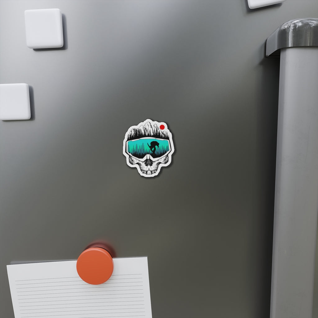 Skull Goggles Snowboarder Die-Cut Magnet | Mountain, Forest, Red Sun