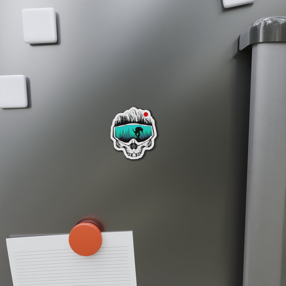 Skull Goggles Snowboarder Die-Cut Magnet | Mountain, Forest, Red Sun