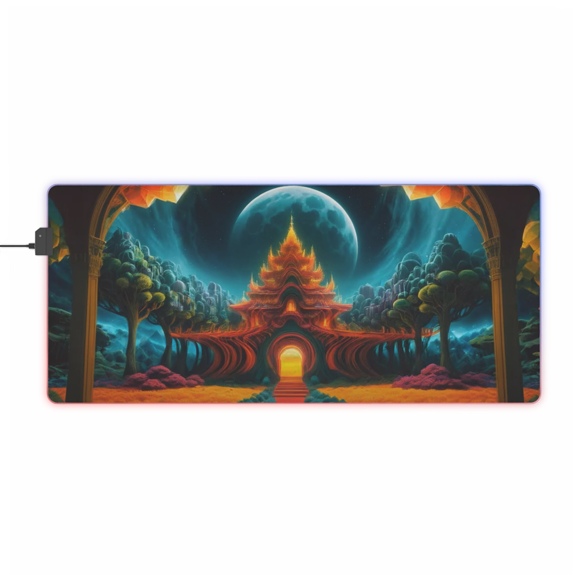 Mystic Temple at Moonlight LED Gaming Mouse Pad | Fantasy Landscape, RGB Edge