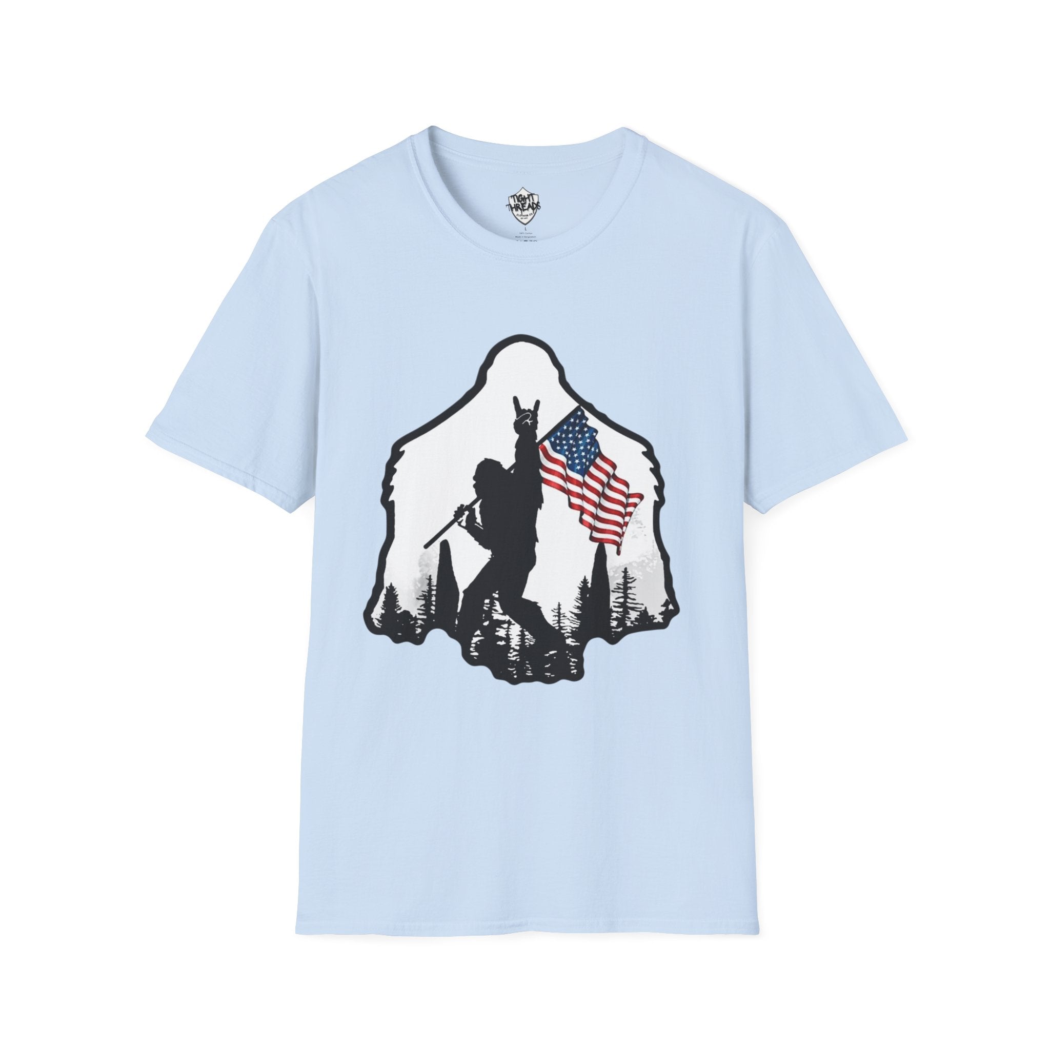 Bigfoot Silhouette Holding American Flag T-Shirt | Forest Outdoors Patriot
