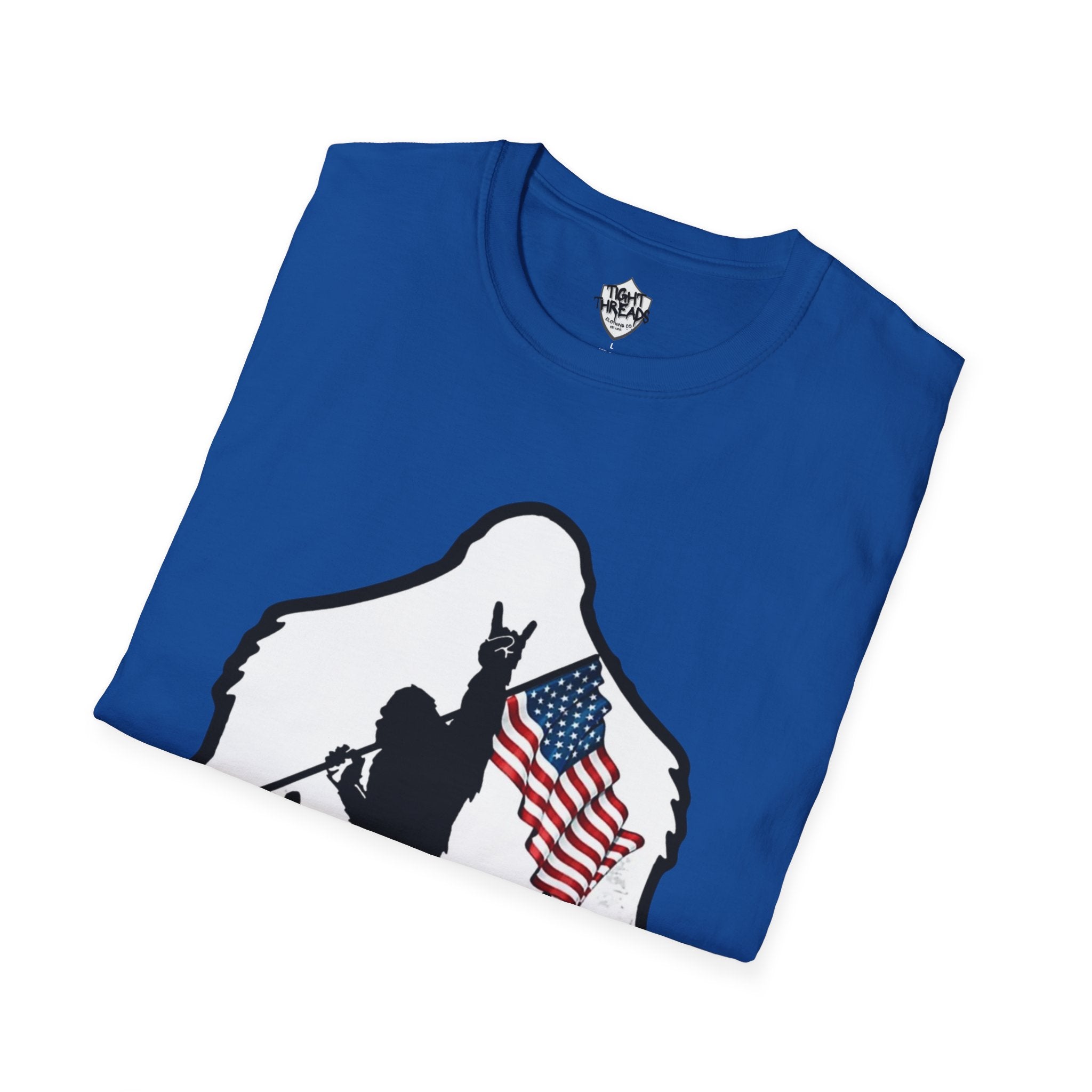 Bigfoot Silhouette Holding American Flag T-Shirt | Forest Outdoors Patriot
