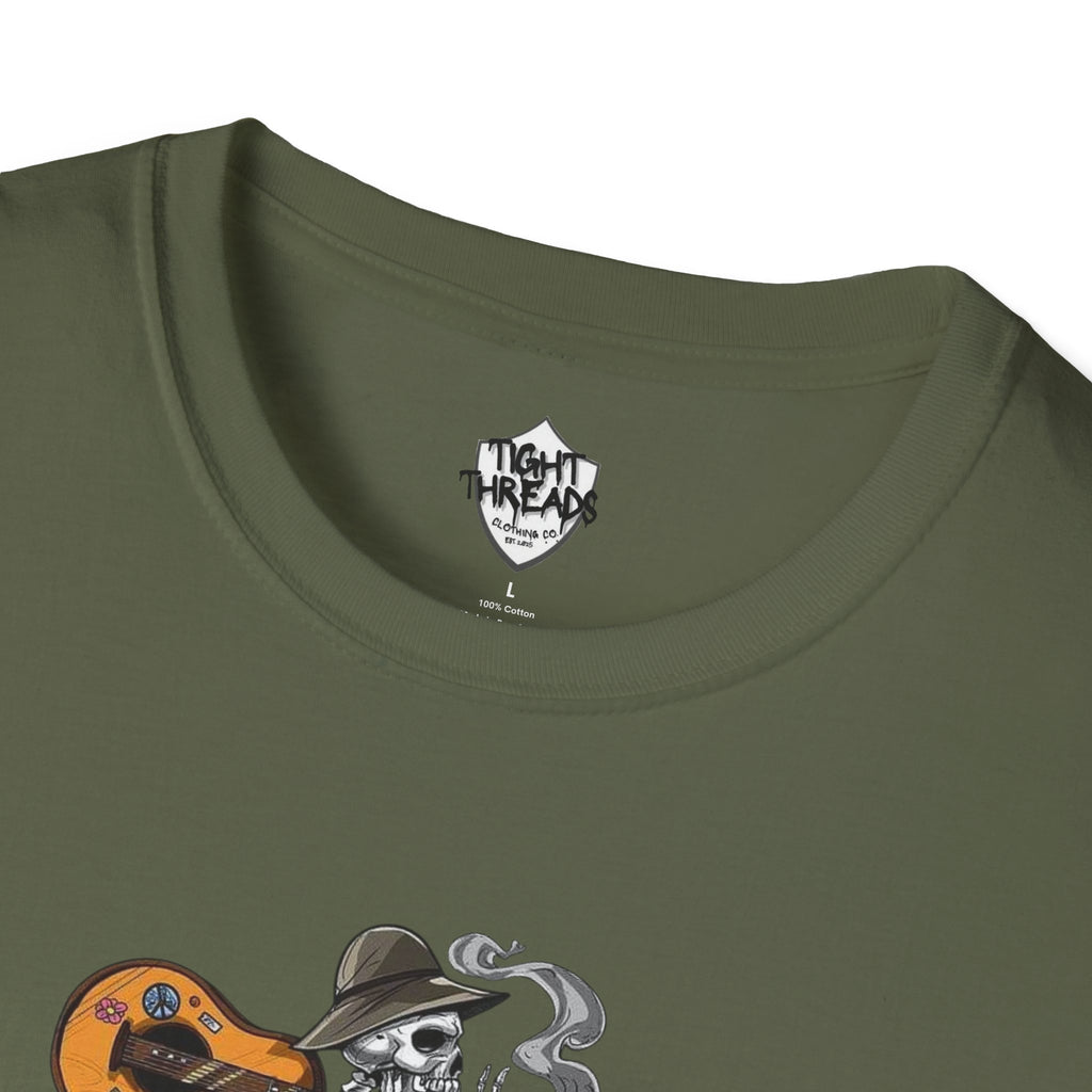 Festival Vibes Unisex Softstyle T-Shirt - Skull Guitar Graphic Tee, Music Lover Gift, Boho Apparel, Unisex Summer Shirt, Cool Casual Wear