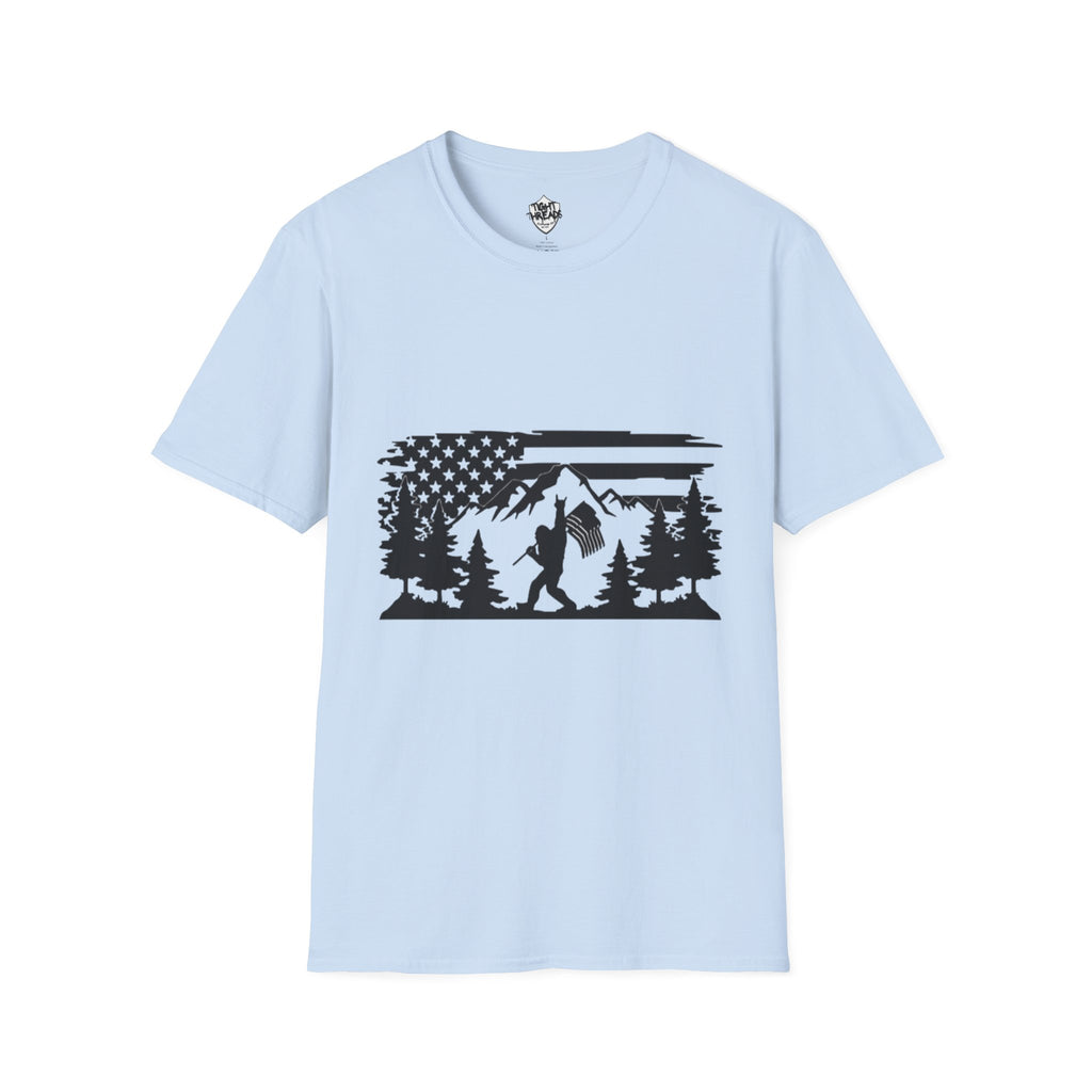 Bigfoot Forest Flag T-Shirt | Sasquatch Hiking Mountain Tee