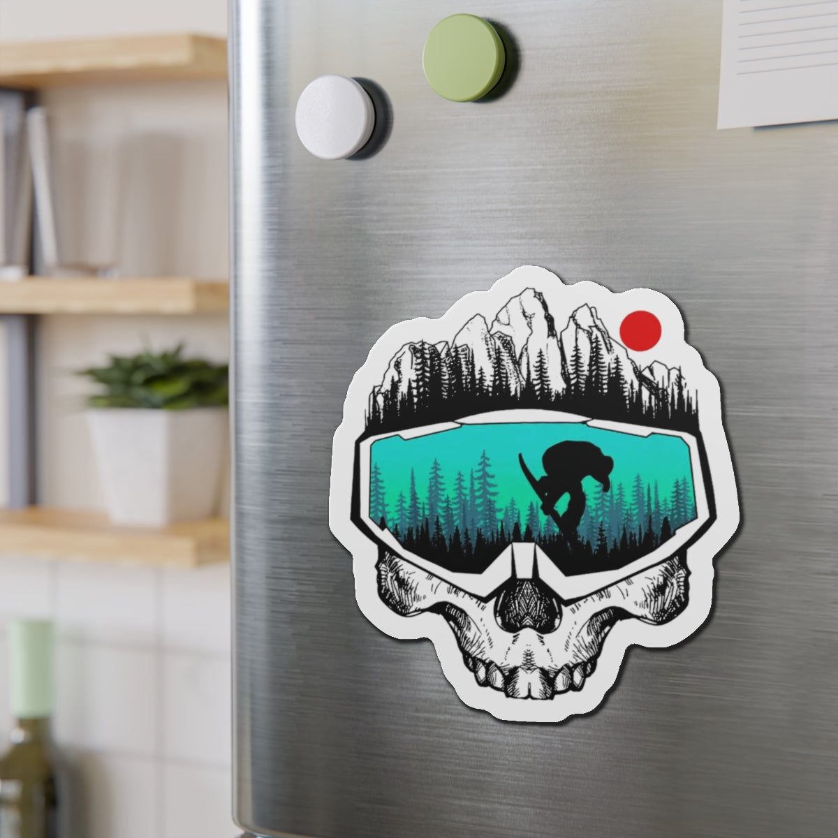 Skull Goggles Snowboarder Die-Cut Magnet | Mountain, Forest, Red Sun