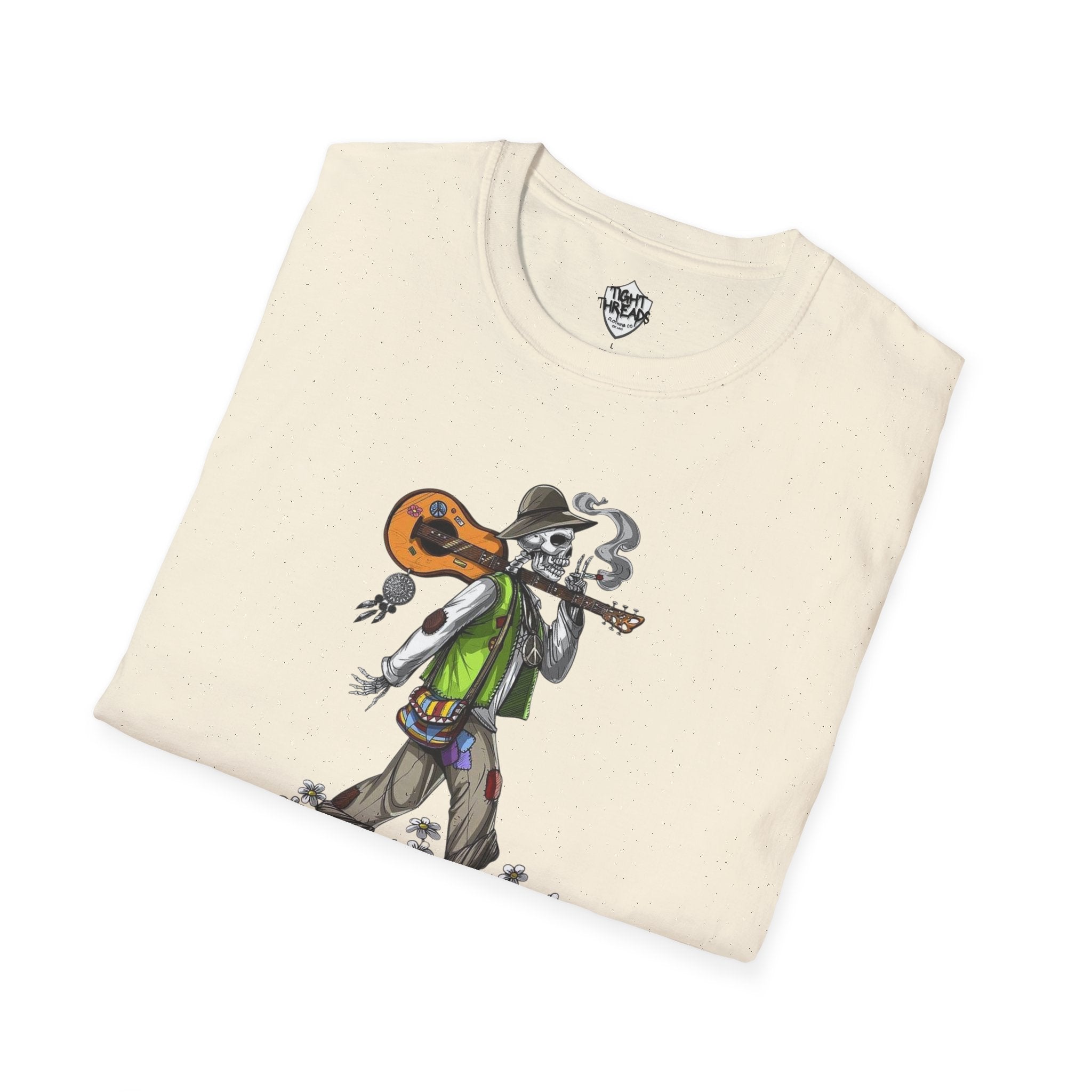 Festival Vibes Unisex Softstyle T-Shirt - Skull Guitar Graphic Tee, Music Lover Gift, Boho Apparel, Unisex Summer Shirt, Cool Casual Wear