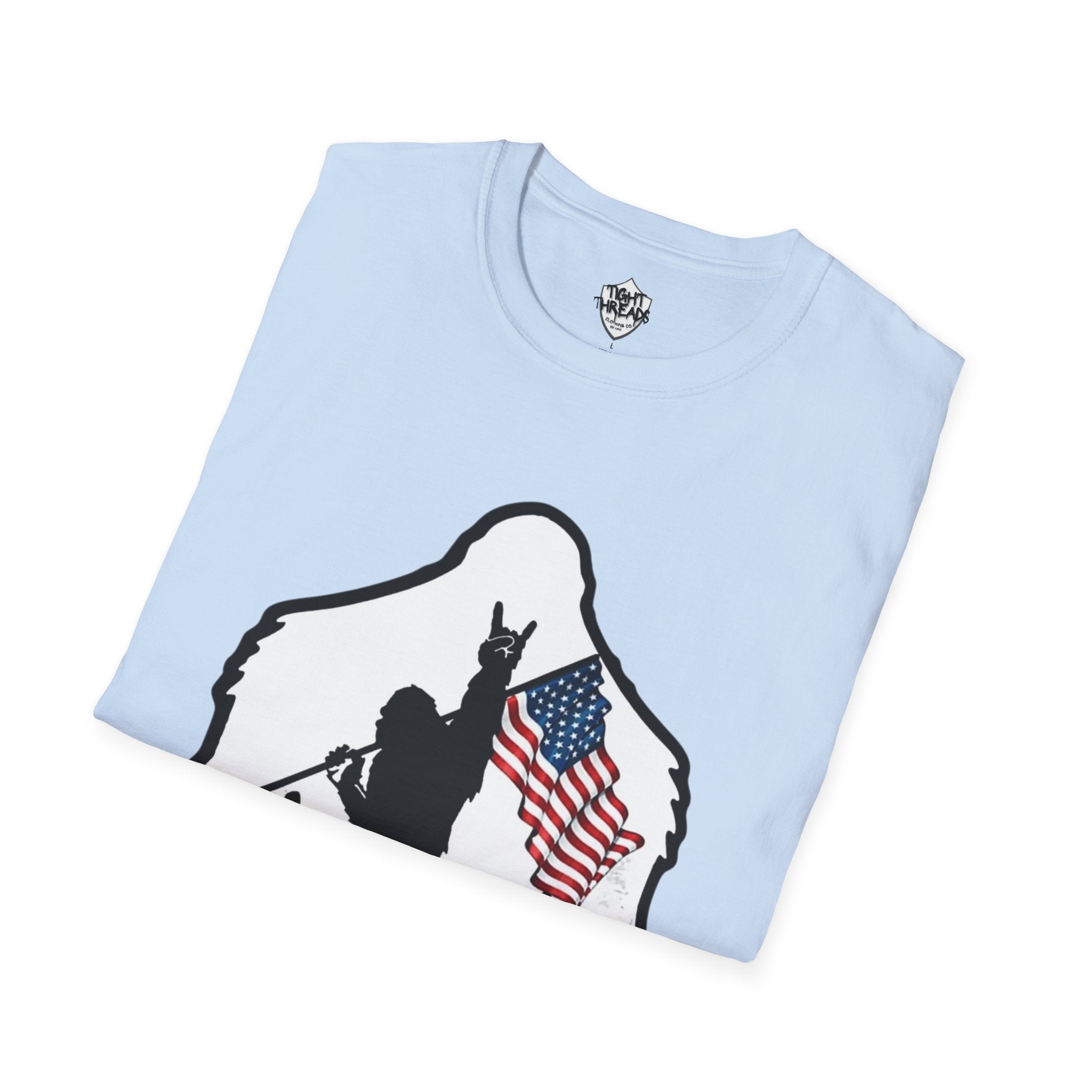 Bigfoot Silhouette Holding American Flag T-Shirt | Forest Outdoors Patriot