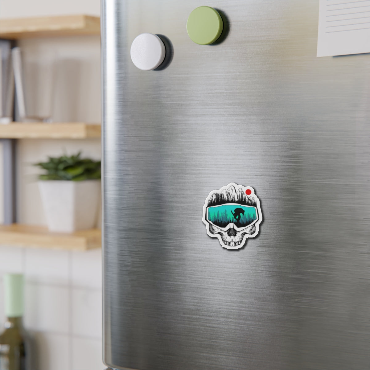 Skull Goggles Snowboarder Die-Cut Magnet | Mountain, Forest, Red Sun