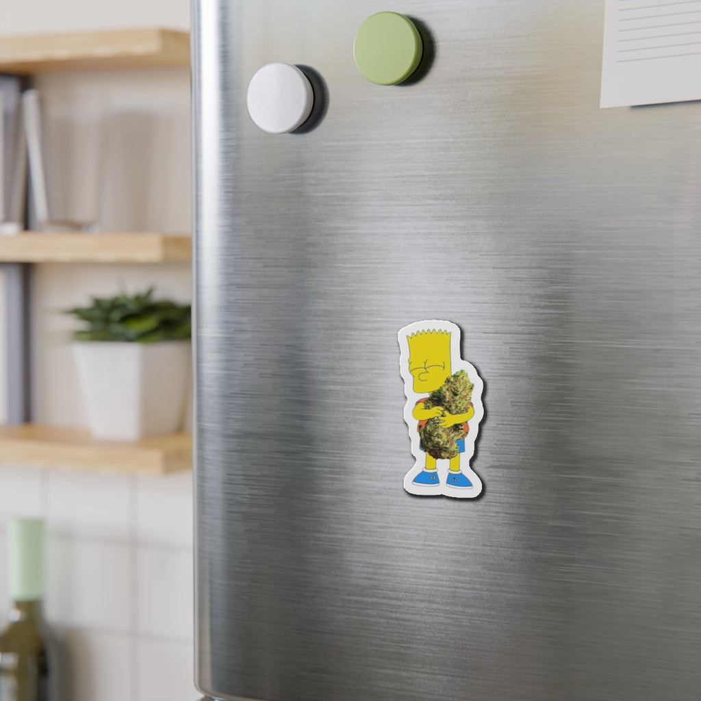 Cartoon Kid Hugging Giant Bud Die-Cut Magnet | Refrigerator Sticker