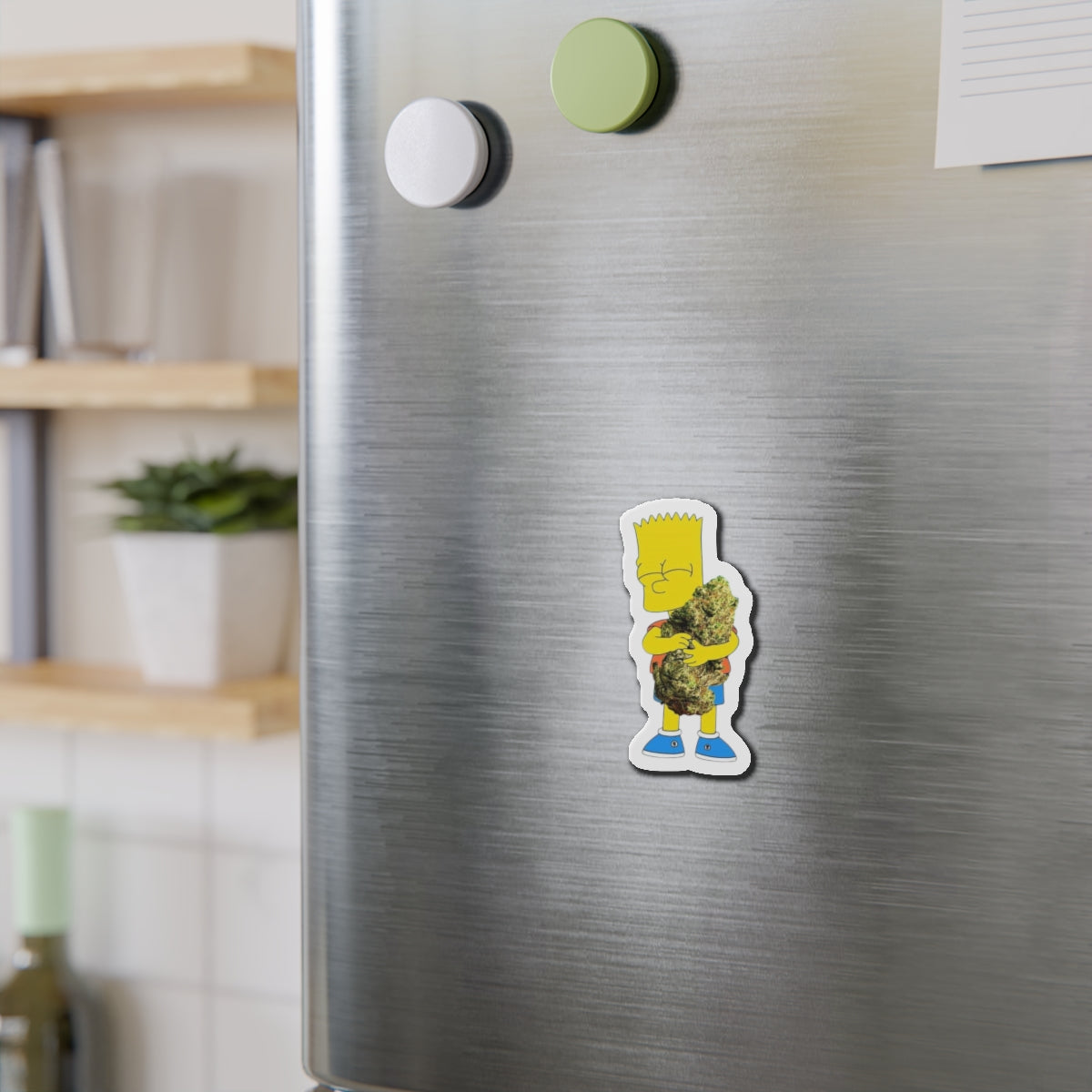 Cartoon Kid Hugging Giant Bud Die-Cut Magnet | Refrigerator Sticker