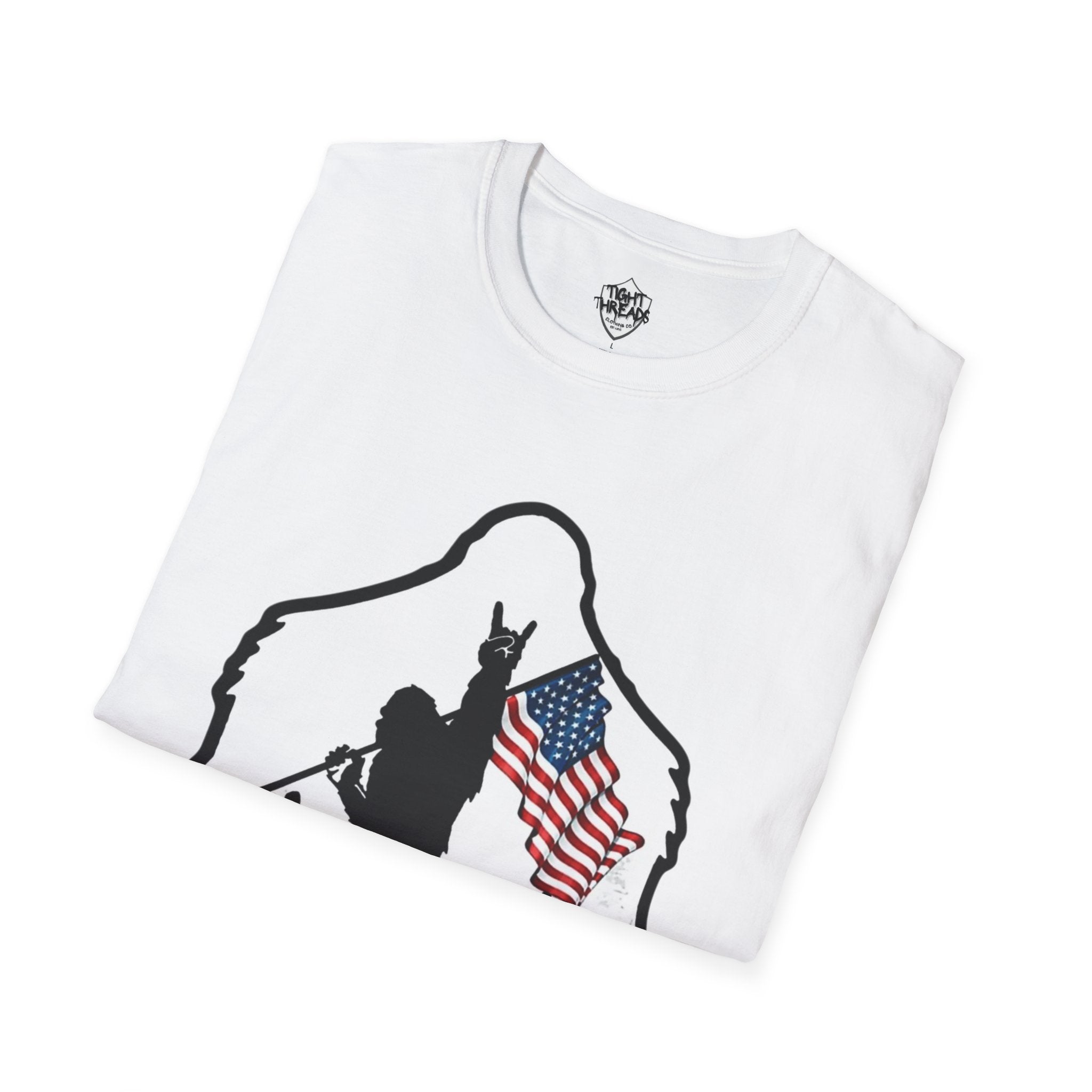 Bigfoot Silhouette Holding American Flag T-Shirt | Forest Outdoors Patriot
