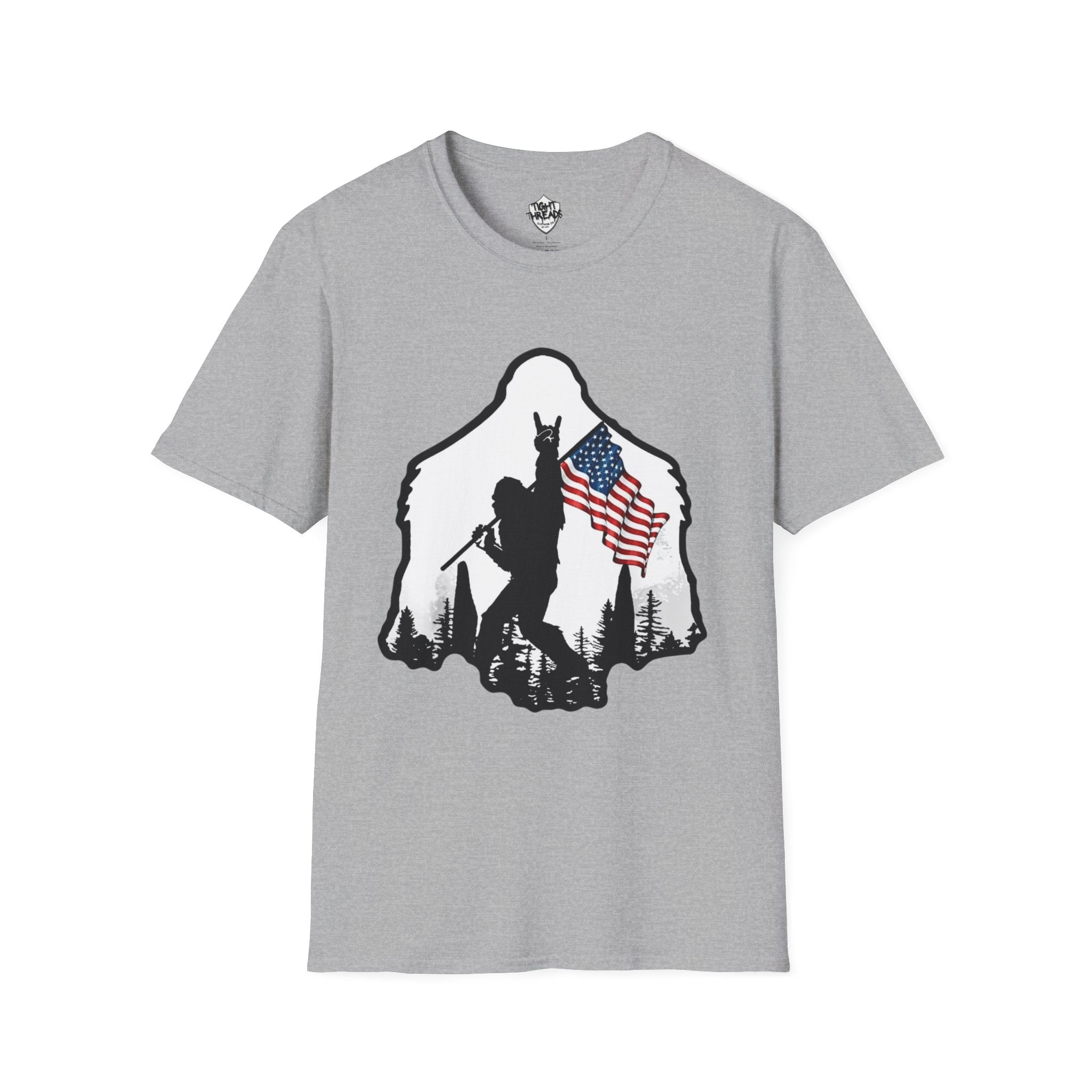 Bigfoot Silhouette Holding American Flag T-Shirt | Forest Outdoors Patriot