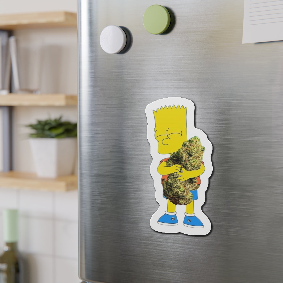 Cartoon Kid Hugging Giant Bud Die-Cut Magnet | Refrigerator Sticker