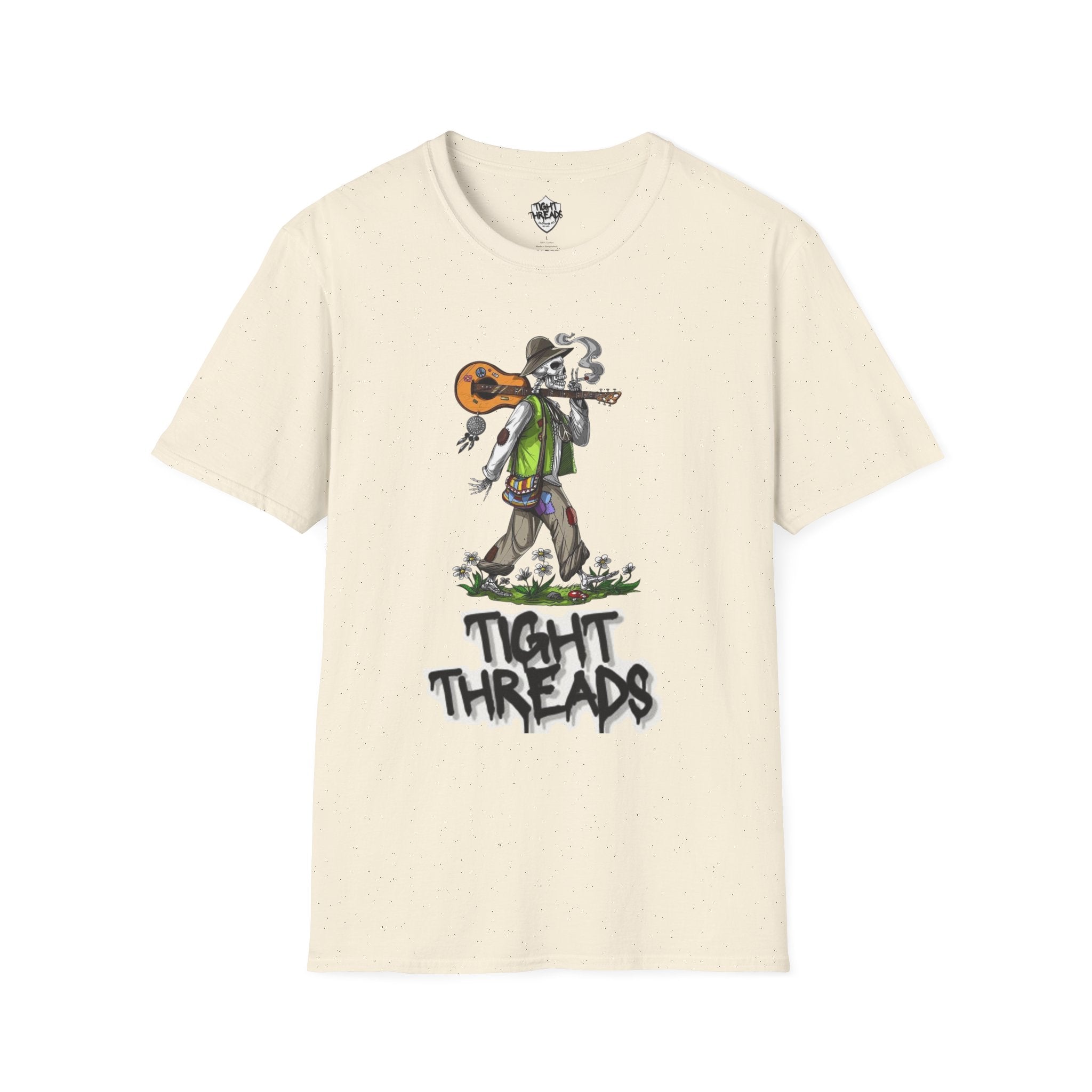 Festival Vibes Unisex Softstyle T-Shirt - Skull Guitar Graphic Tee, Music Lover Gift, Boho Apparel, Unisex Summer Shirt, Cool Casual Wear
