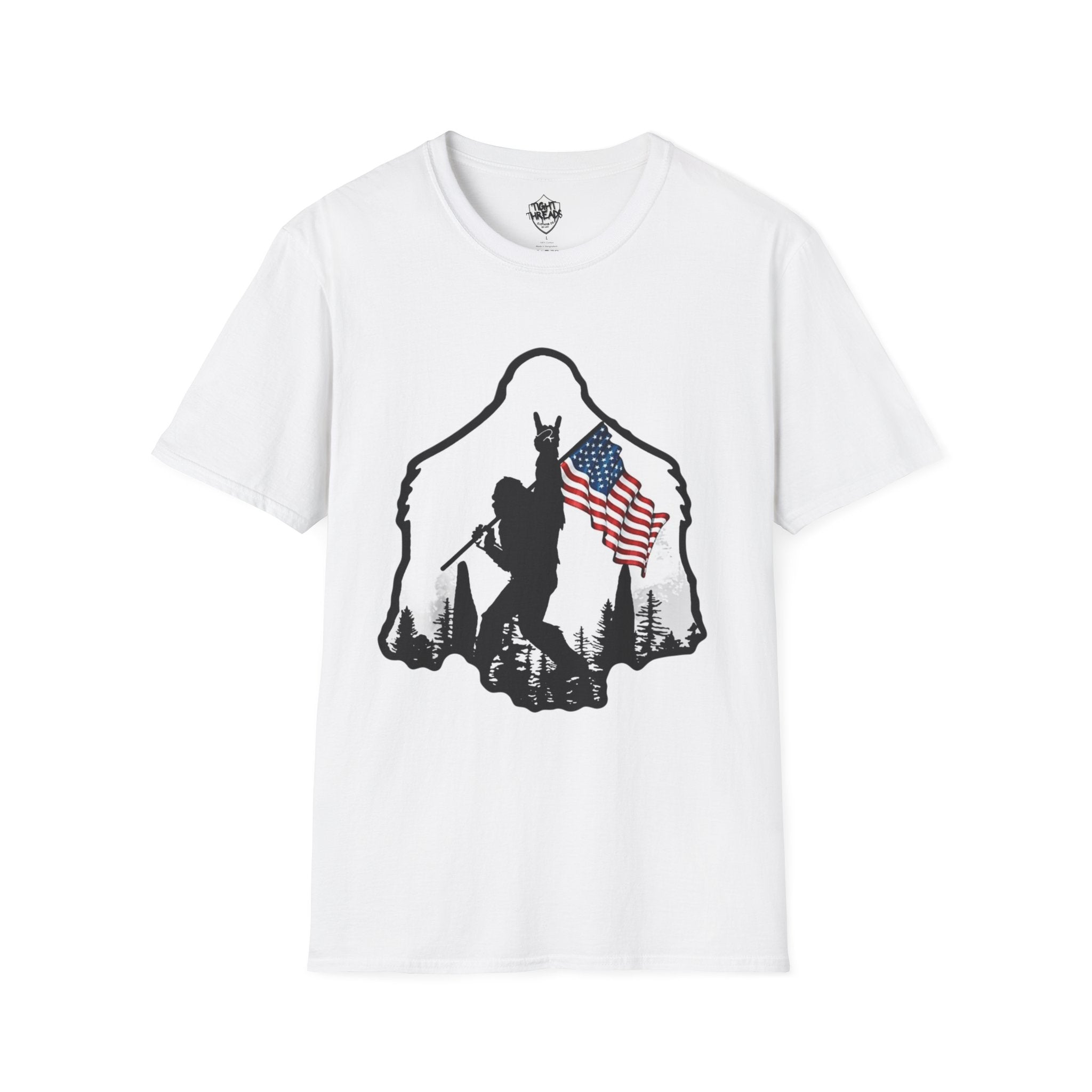 Bigfoot Silhouette Holding American Flag T-Shirt | Forest Outdoors Patriot