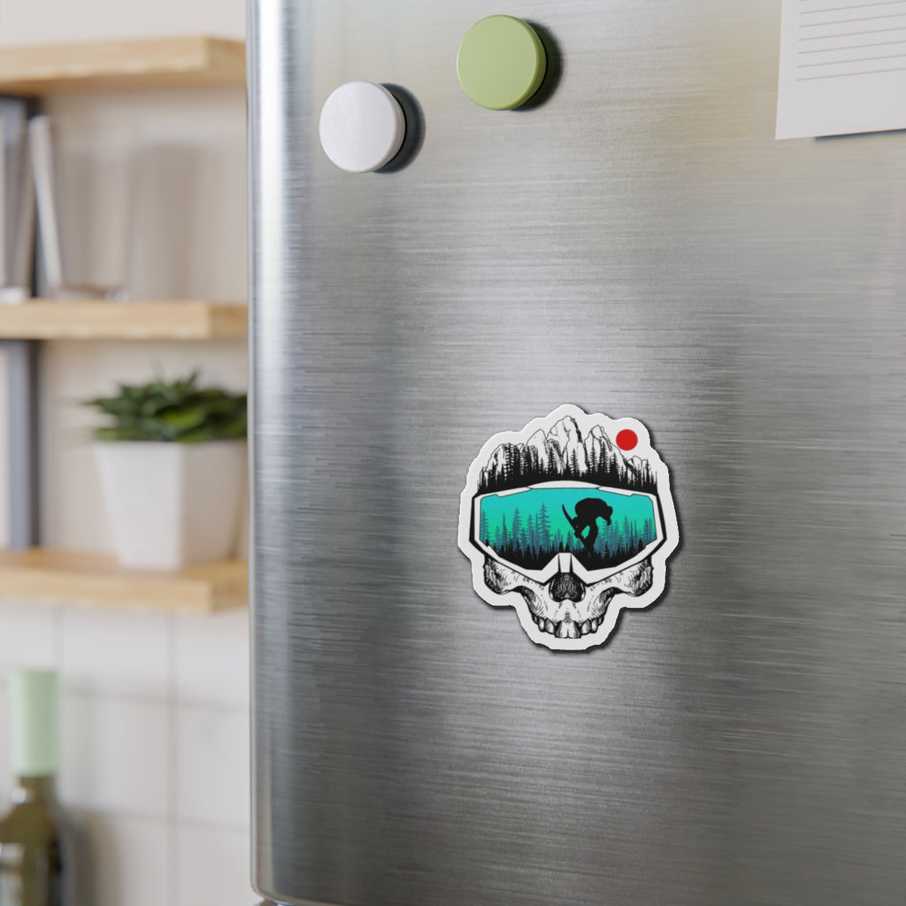 Skull Goggles Snowboarder Die-Cut Magnet | Mountain, Forest, Red Sun