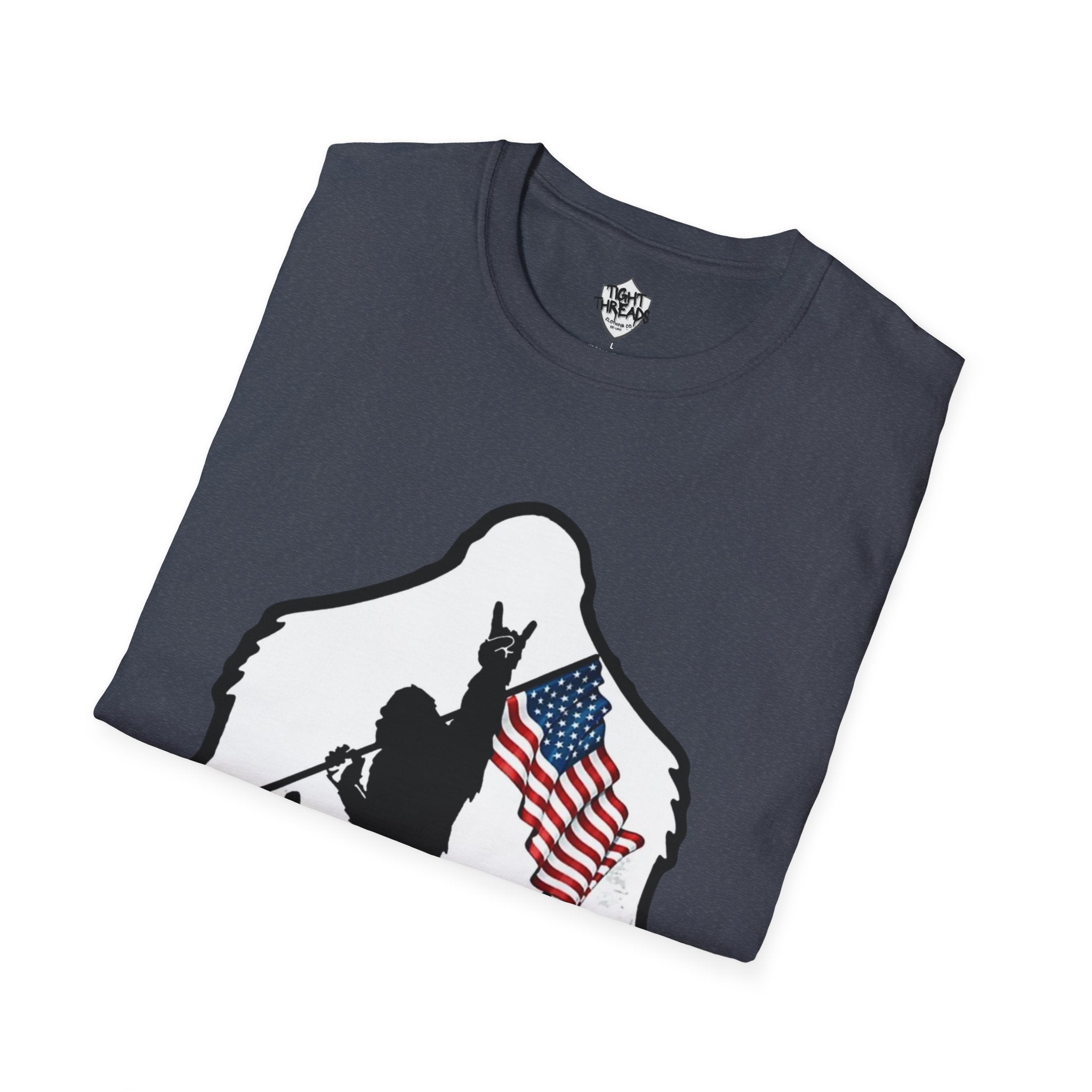 Bigfoot Silhouette Holding American Flag T-Shirt | Forest Outdoors Patriot