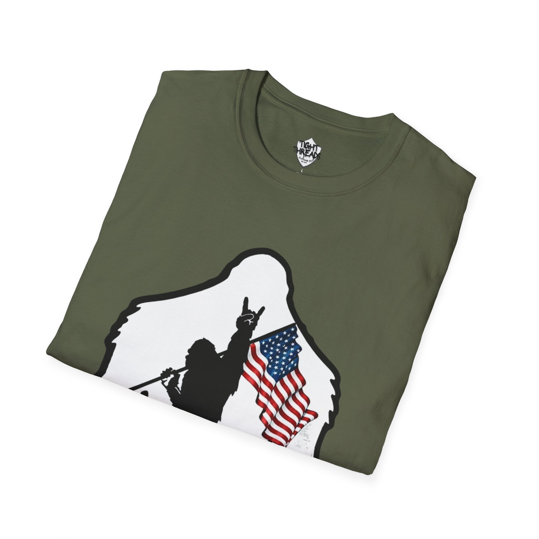 Bigfoot Silhouette Holding American Flag T-Shirt | Forest Outdoors Patriot