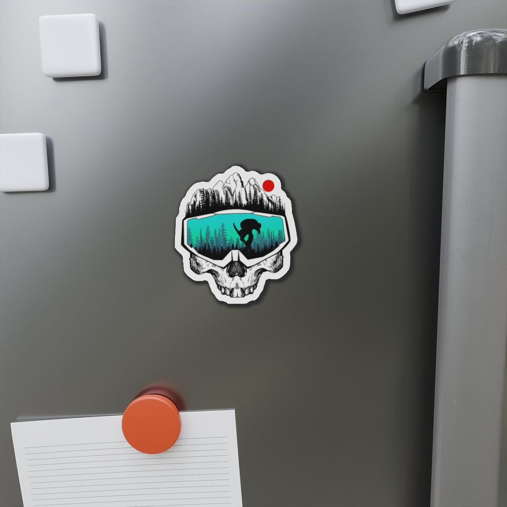 Skull Goggles Snowboarder Die-Cut Magnet | Mountain, Forest, Red Sun