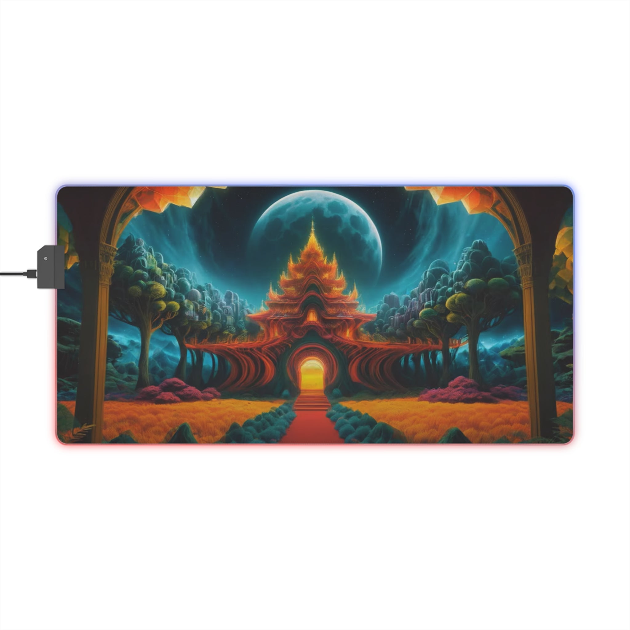 Mystic Temple at Moonlight LED Gaming Mouse Pad | Fantasy Landscape, RGB Edge