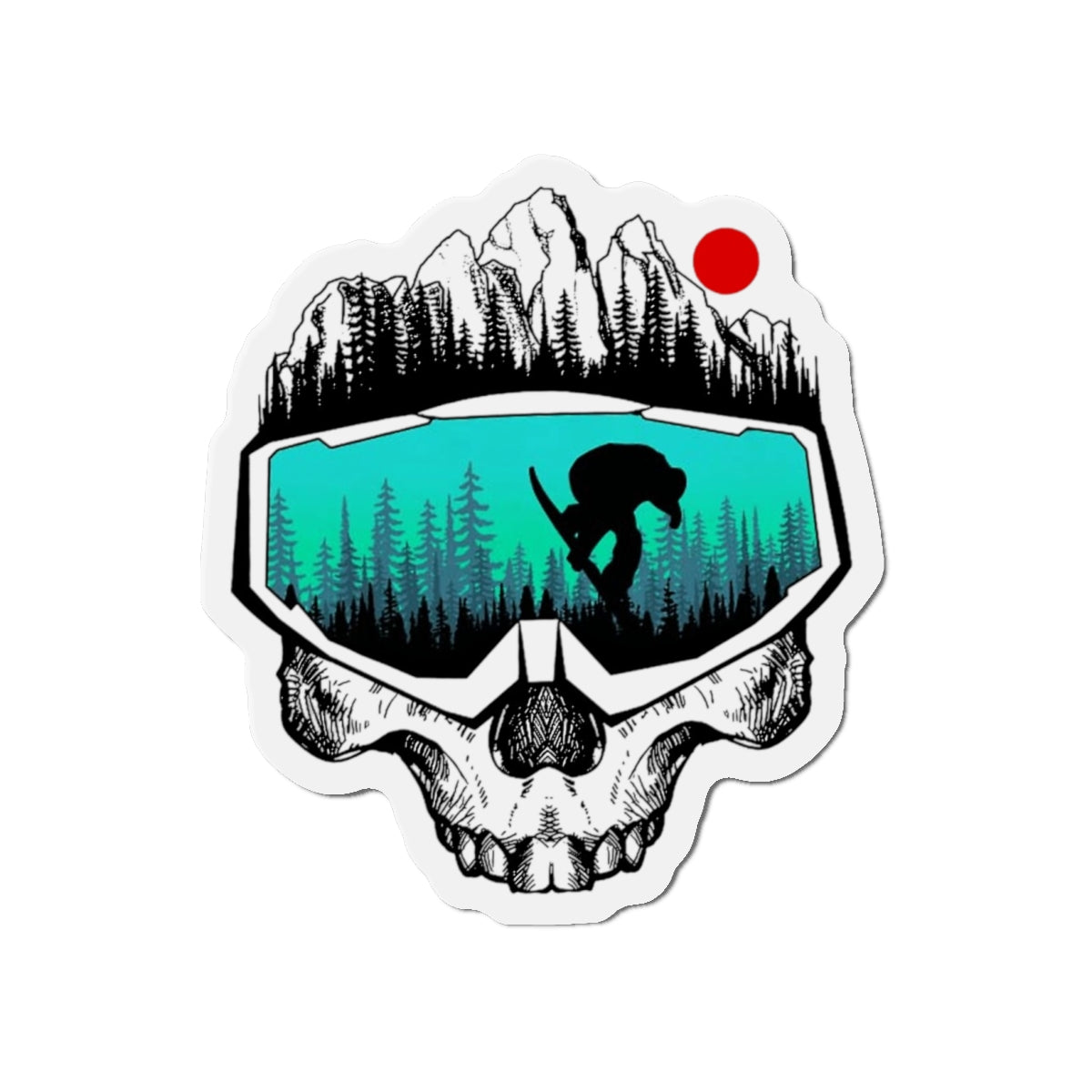 Skull Goggles Snowboarder Die-Cut Magnet | Mountain, Forest, Red Sun
