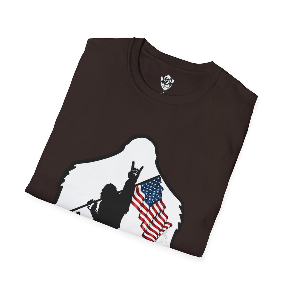 Bigfoot Silhouette Holding American Flag T-Shirt | Forest Outdoors Patriot