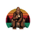 Coffee Drinking Bigfoot Kiss-Cut Sticker | Sasquatch Retro Sunset
