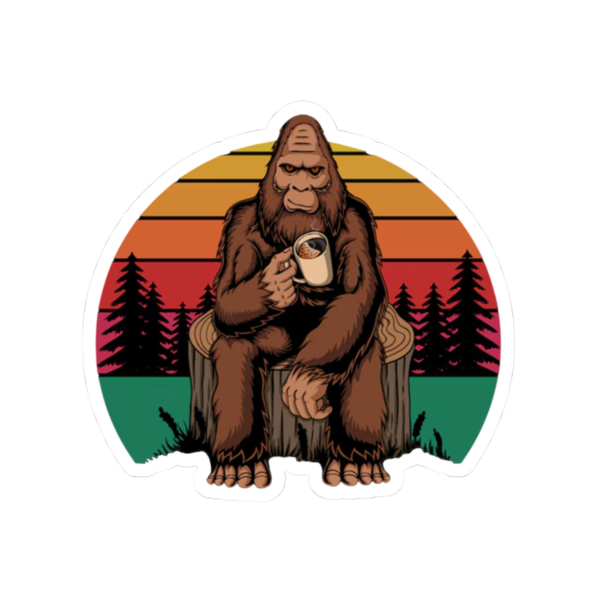 Coffee Drinking Bigfoot Kiss-Cut Sticker | Sasquatch Retro Sunset