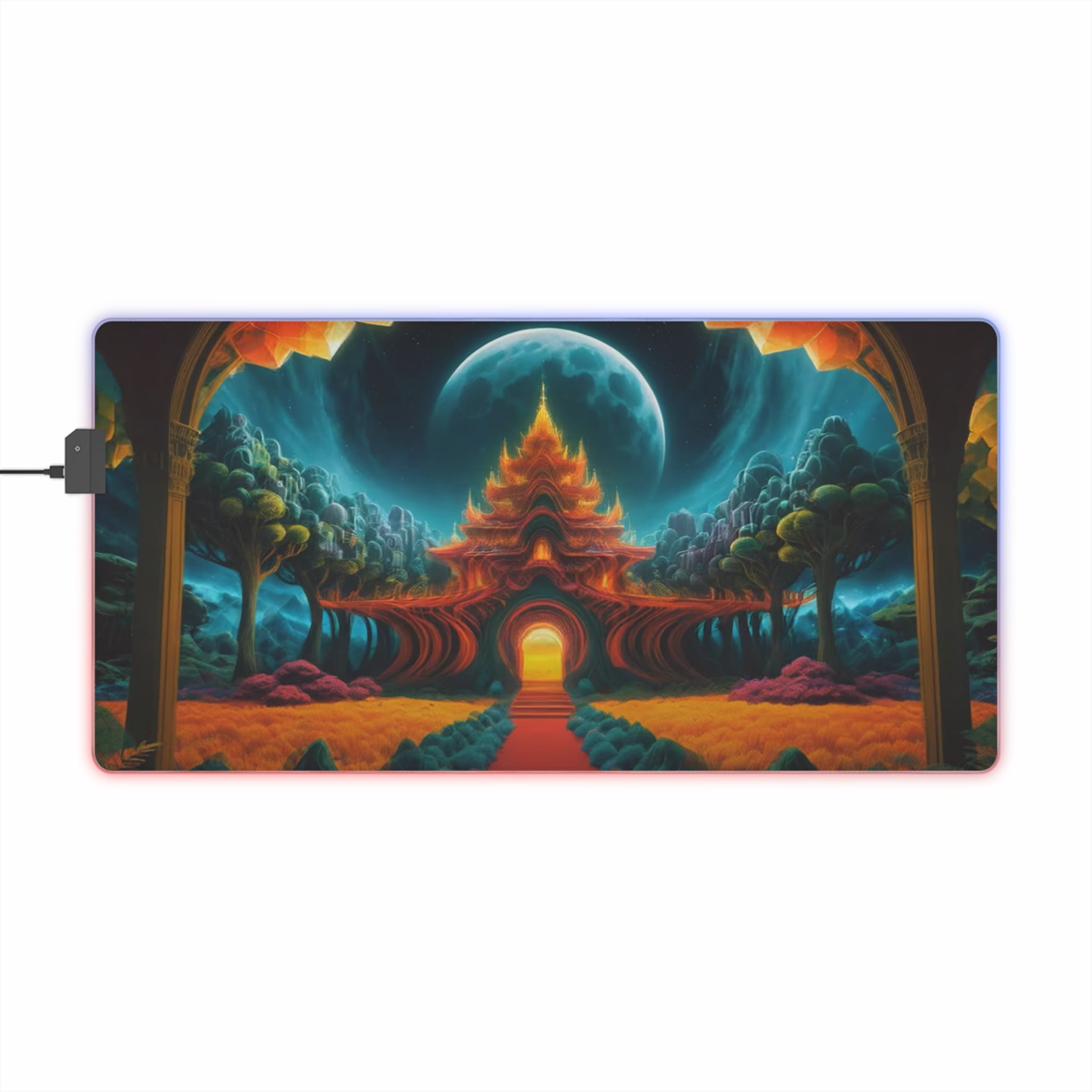 Mystic Temple at Moonlight LED Gaming Mouse Pad | Fantasy Landscape, RGB Edge