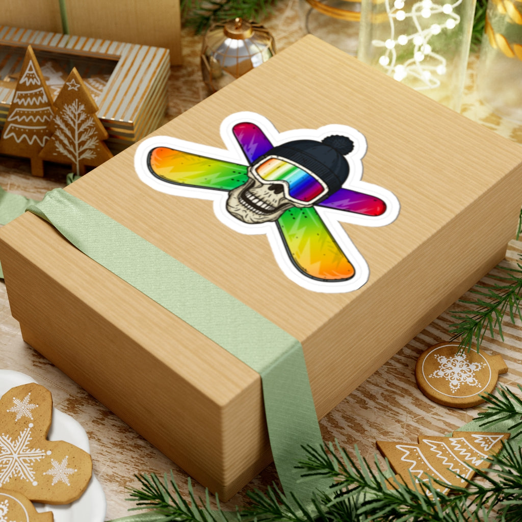 Rainbow Ski Skull Kiss-Cut Stickers, Cool Gifts for Ski Lovers, Snowboarders, Winter Sports Decor, Trendy Laptop Stickers, Unique Car Decals
