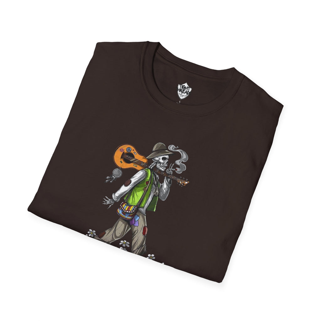 Festival Vibes Unisex Softstyle T-Shirt - Skull Guitar Graphic Tee, Music Lover Gift, Boho Apparel, Unisex Summer Shirt, Cool Casual Wear