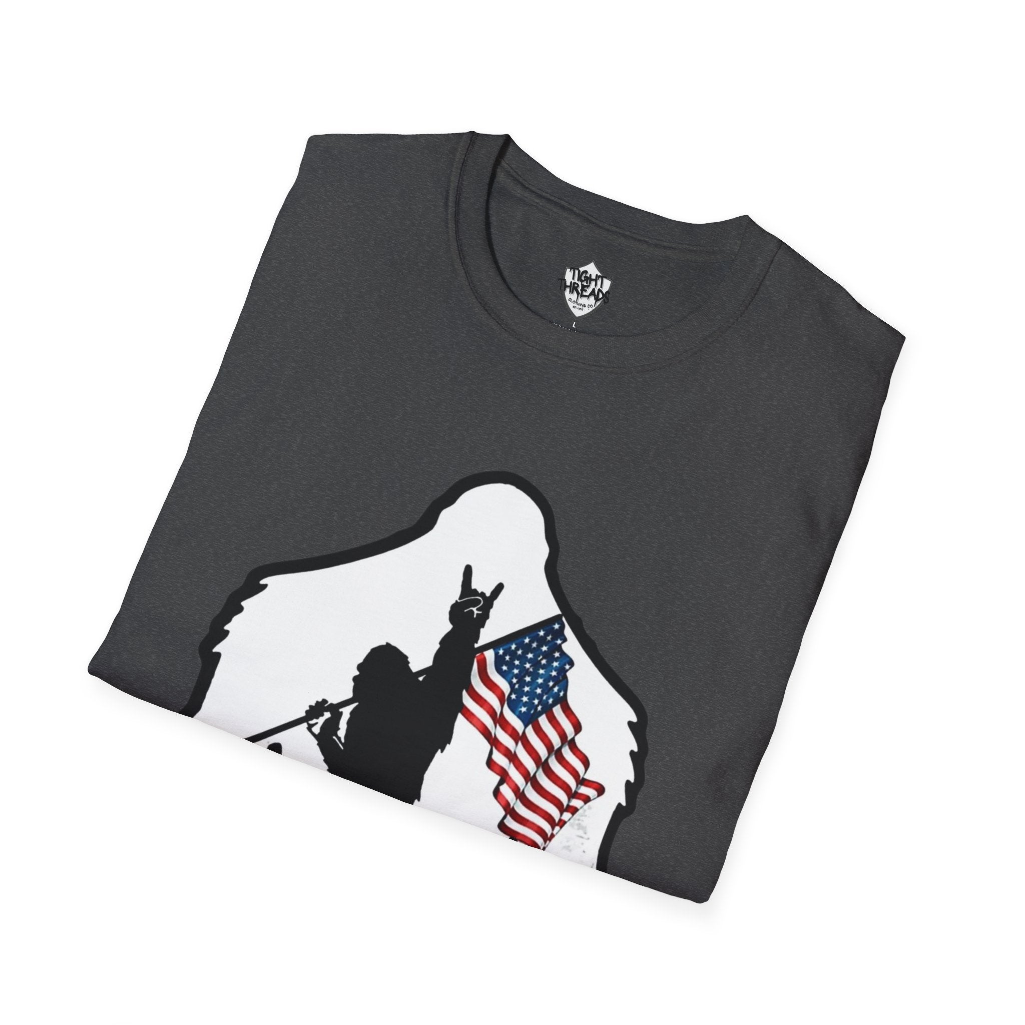 Bigfoot Silhouette Holding American Flag T-Shirt | Forest Outdoors Patriot