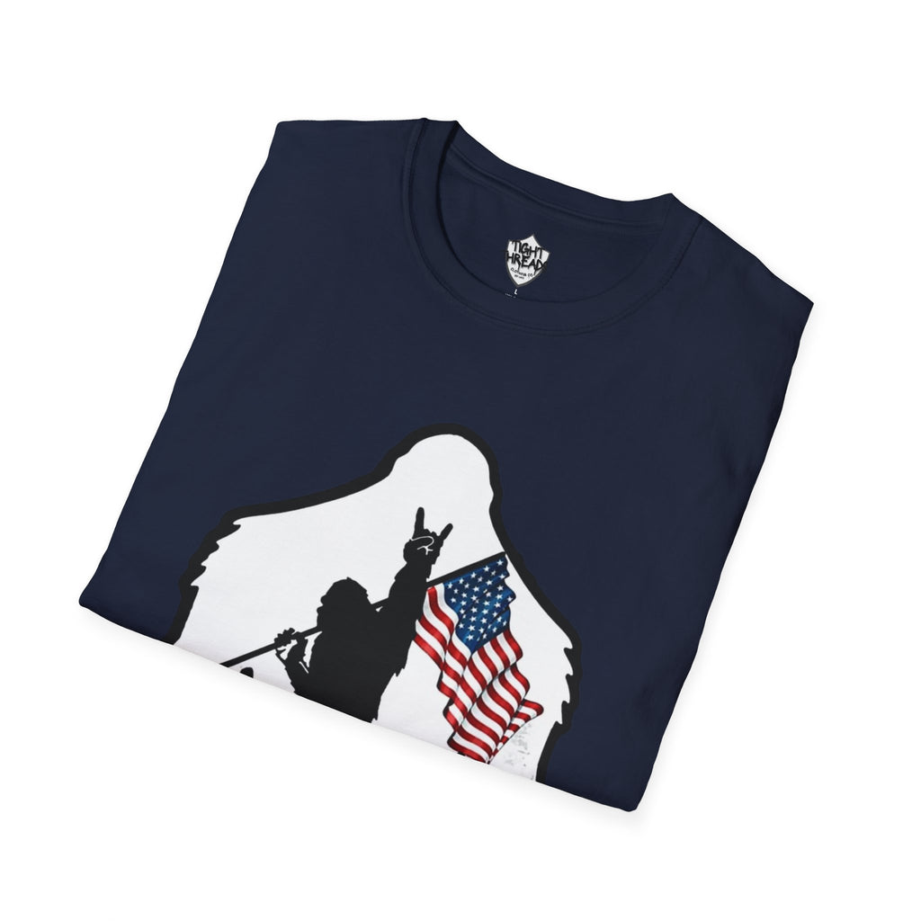 Bigfoot Silhouette Holding American Flag T-Shirt | Forest Outdoors Patriot