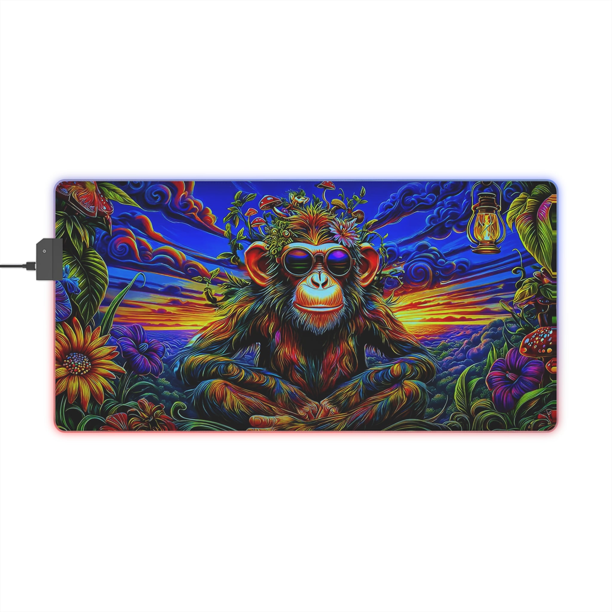 Psychedelic Sunset Mushroom Monkey LED Gaming Mouse Pad | Colorful Sunset Jungle