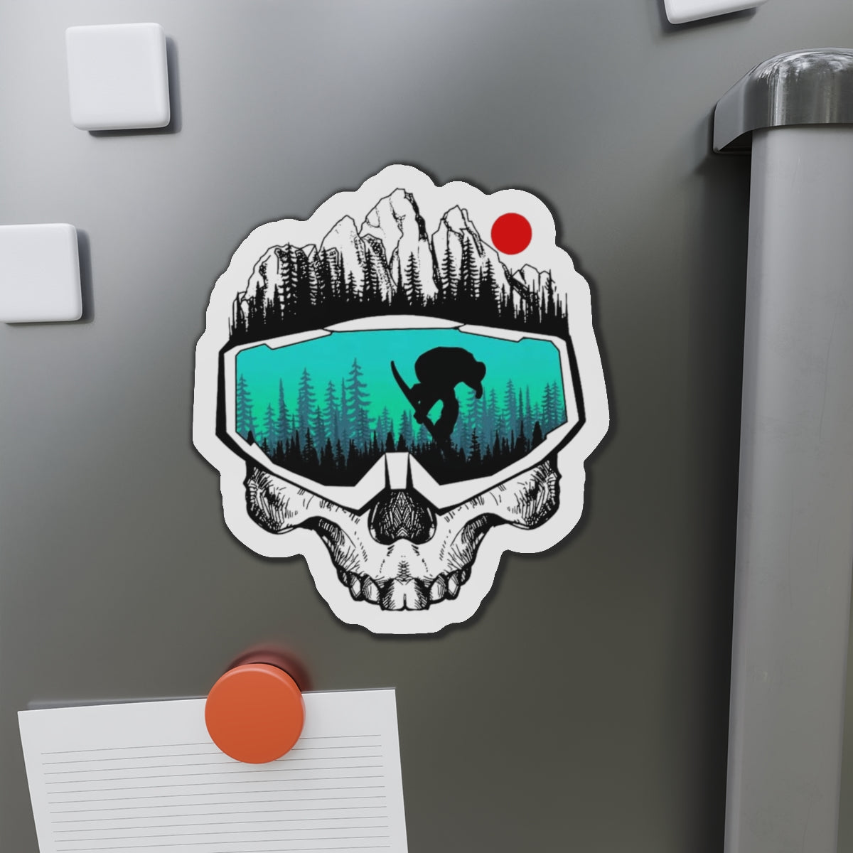 Skull Goggles Snowboarder Die-Cut Magnet | Mountain, Forest, Red Sun