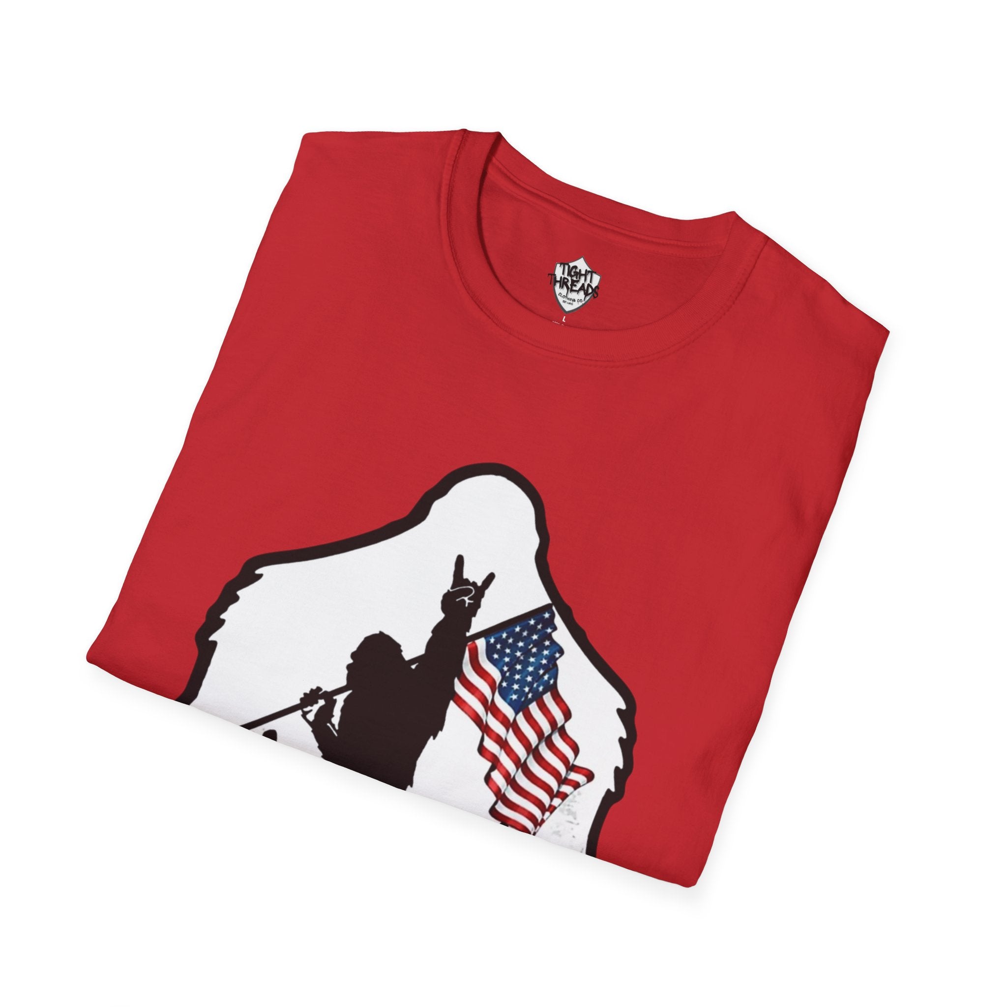 Bigfoot Silhouette Holding American Flag T-Shirt | Forest Outdoors Patriot