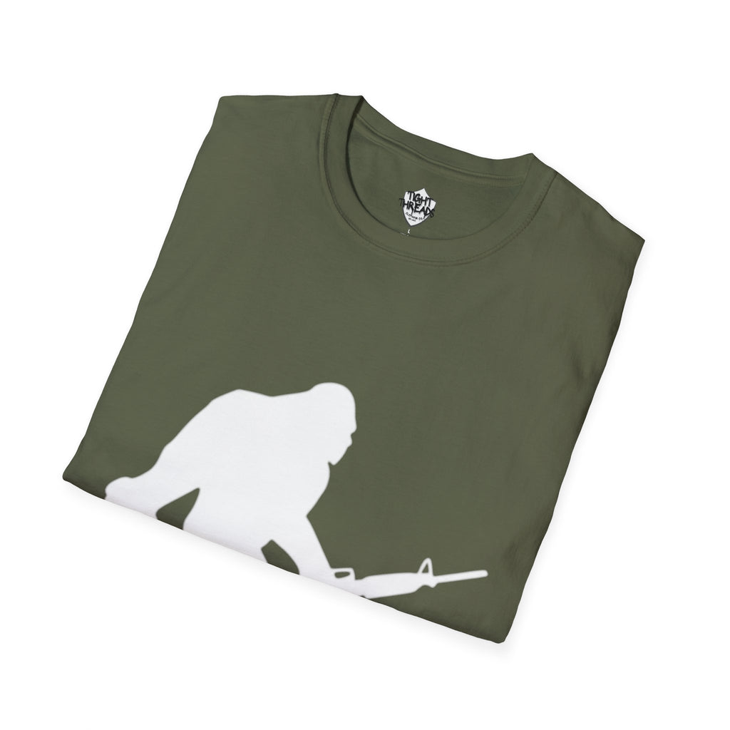 Sasquatch with Rifle T-Shirt | Bigfoot Hunting Silhouette Tee