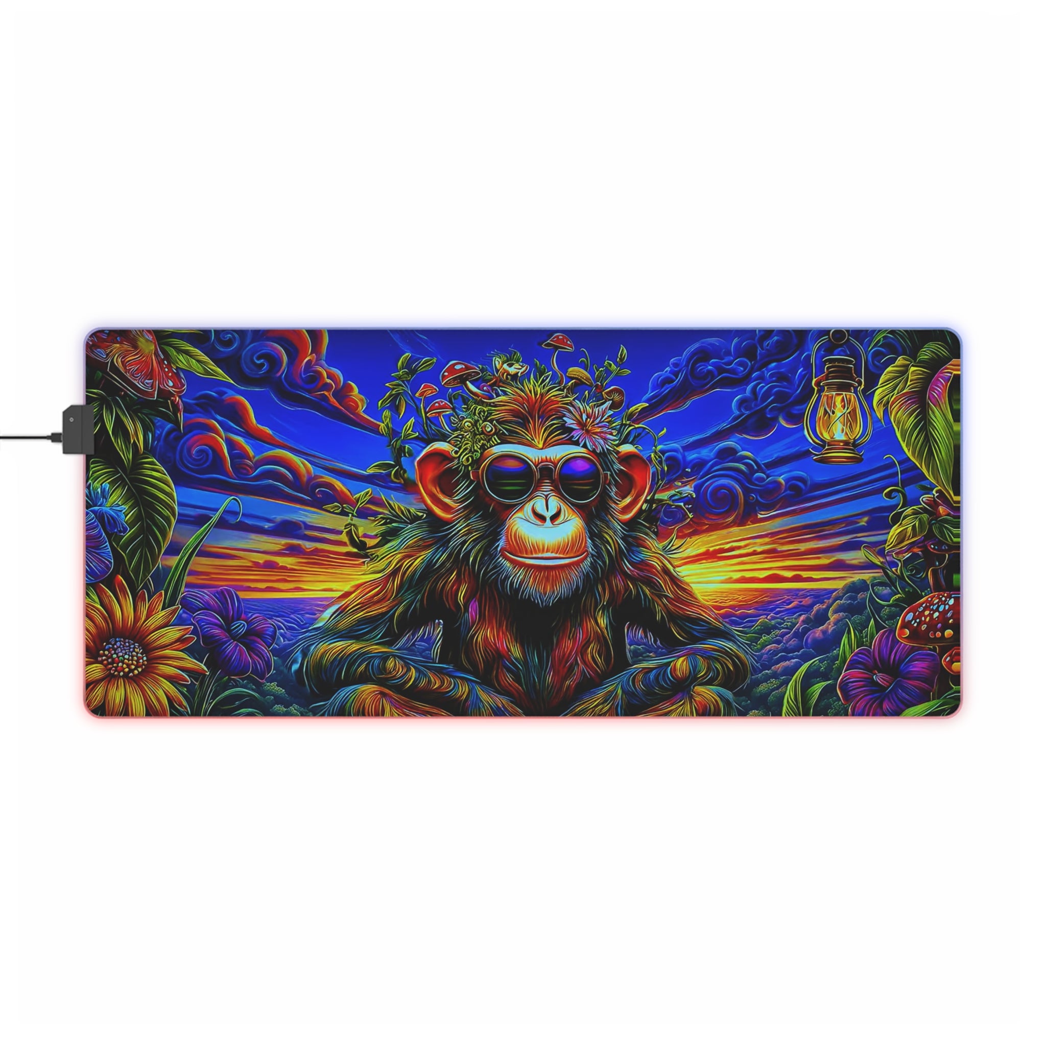 Psychedelic Sunset Mushroom Monkey LED Gaming Mouse Pad | Colorful Sunset Jungle