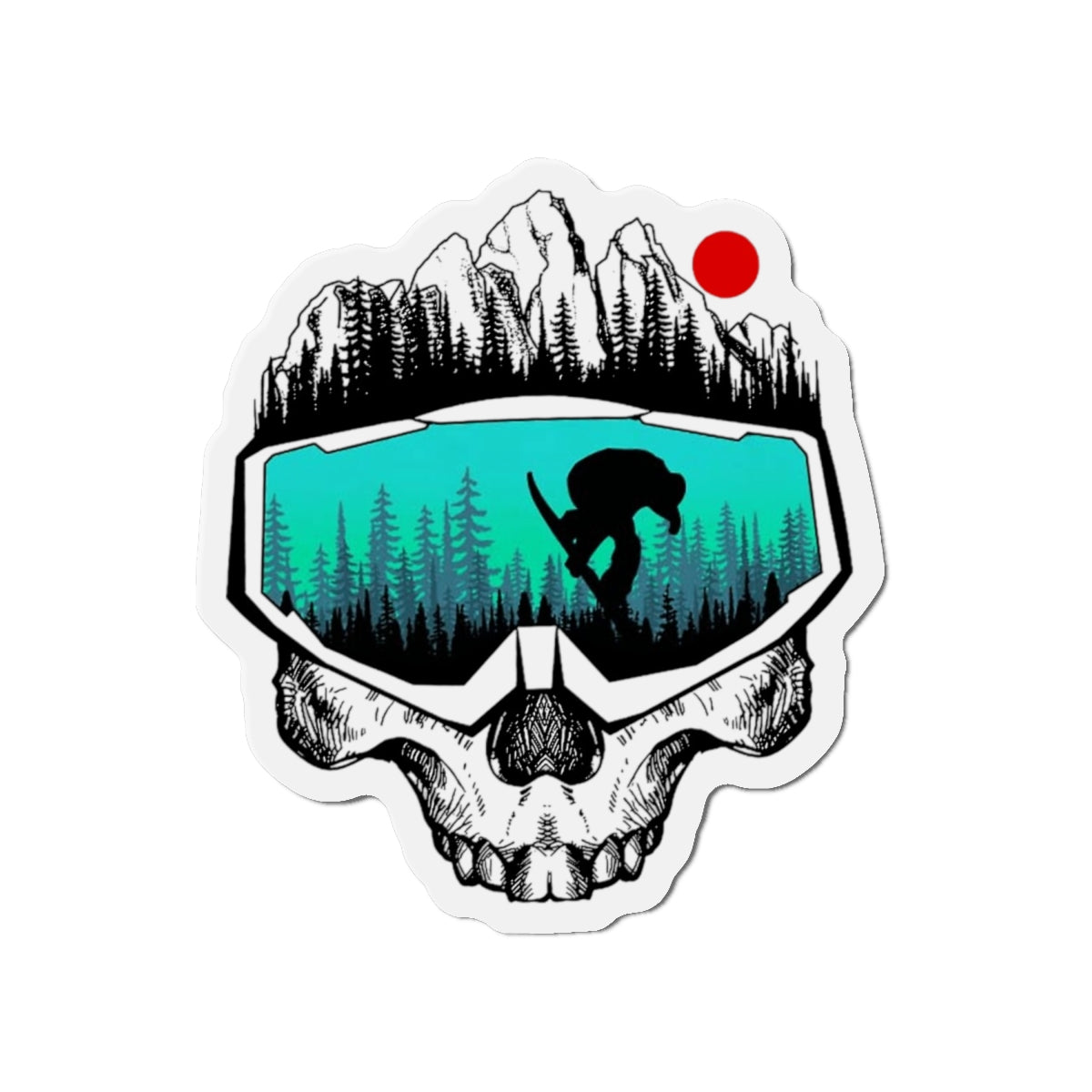 Skull Goggles Snowboarder Die-Cut Magnet | Mountain, Forest, Red Sun