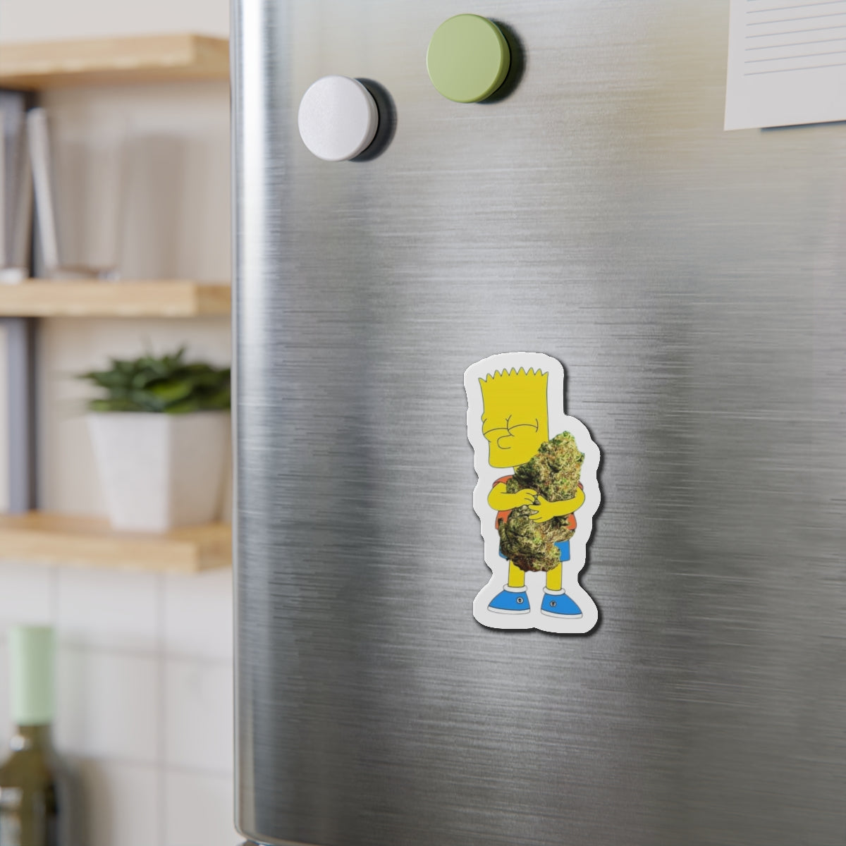 Cartoon Kid Hugging Giant Bud Die-Cut Magnet | Refrigerator Sticker