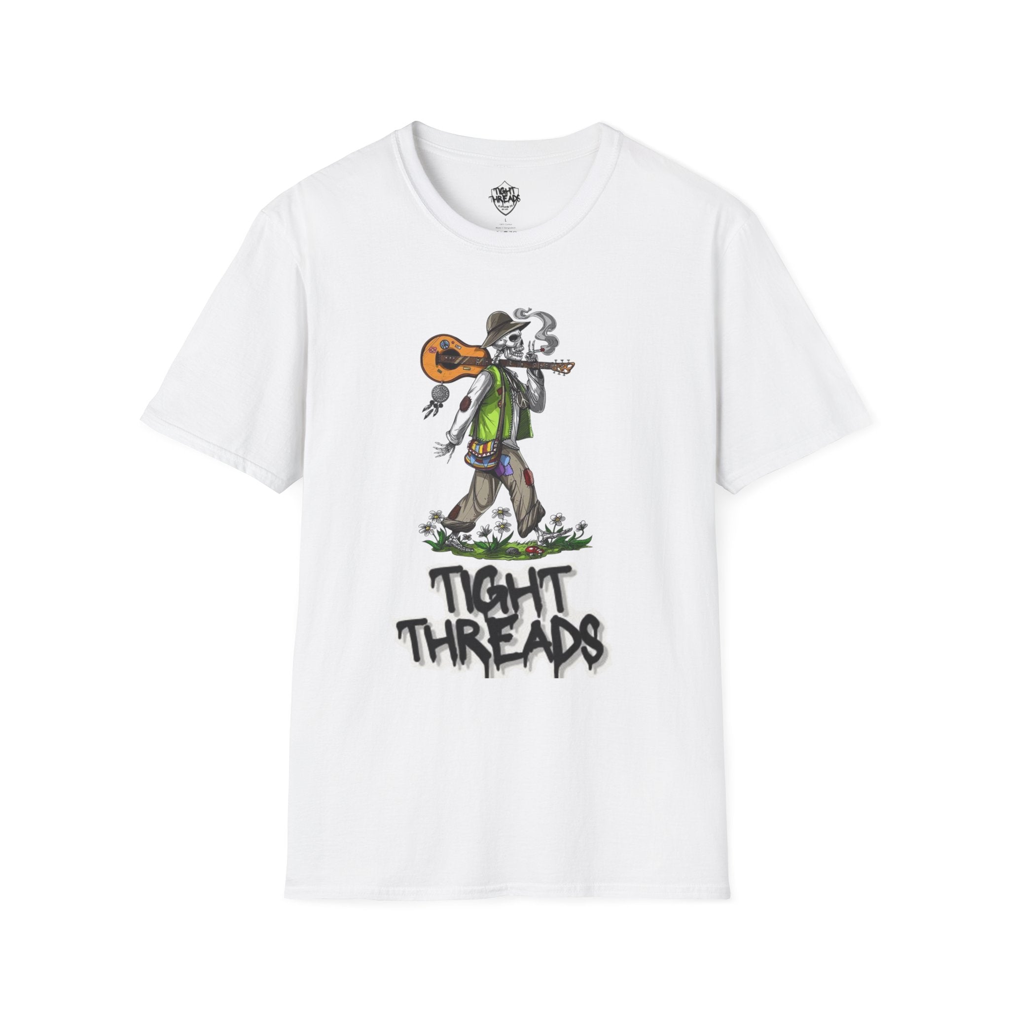 Festival Vibes Unisex Softstyle T-Shirt - Skull Guitar Graphic Tee, Music Lover Gift, Boho Apparel, Unisex Summer Shirt, Cool Casual Wear