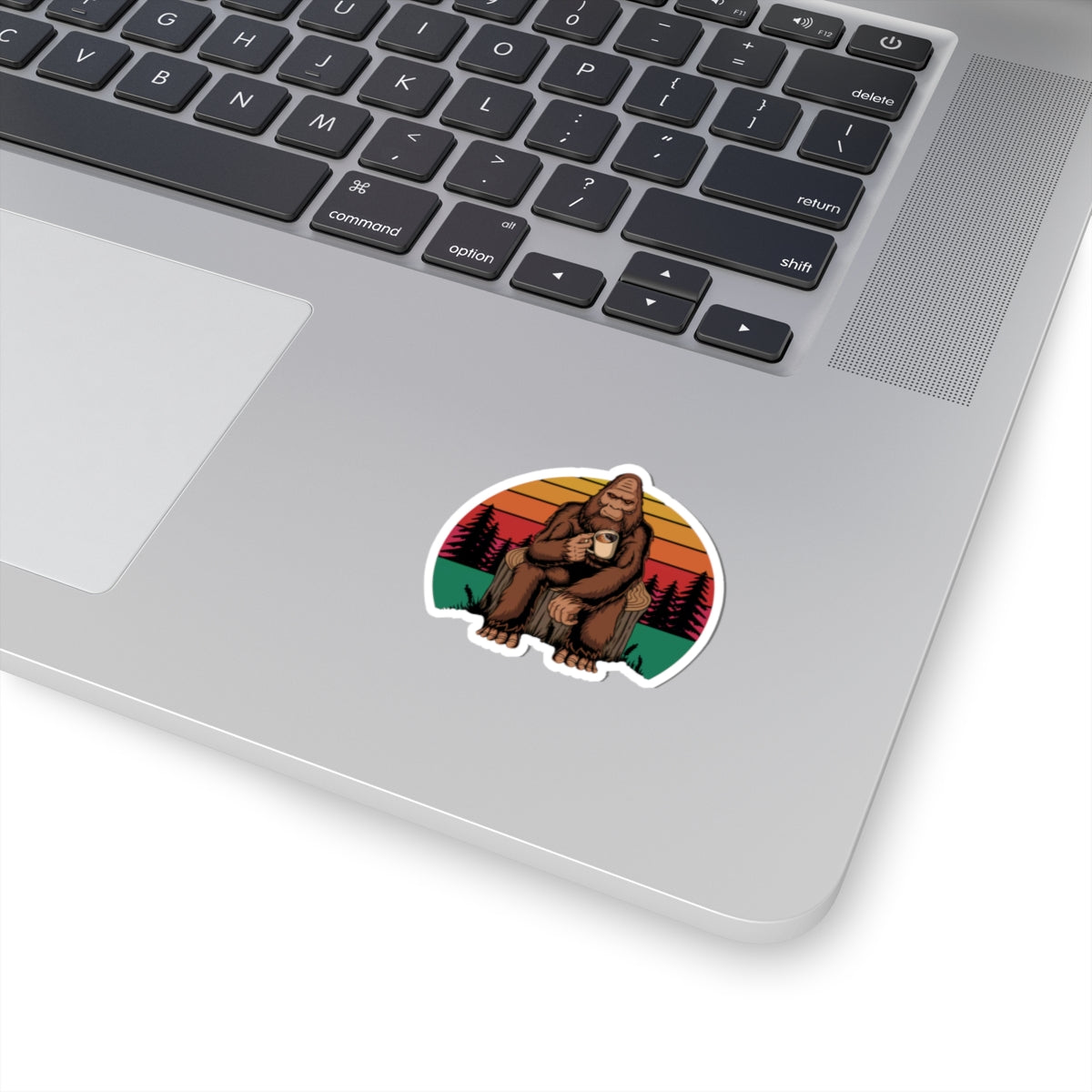 Coffee Drinking Bigfoot Kiss-Cut Sticker | Sasquatch Retro Sunset
