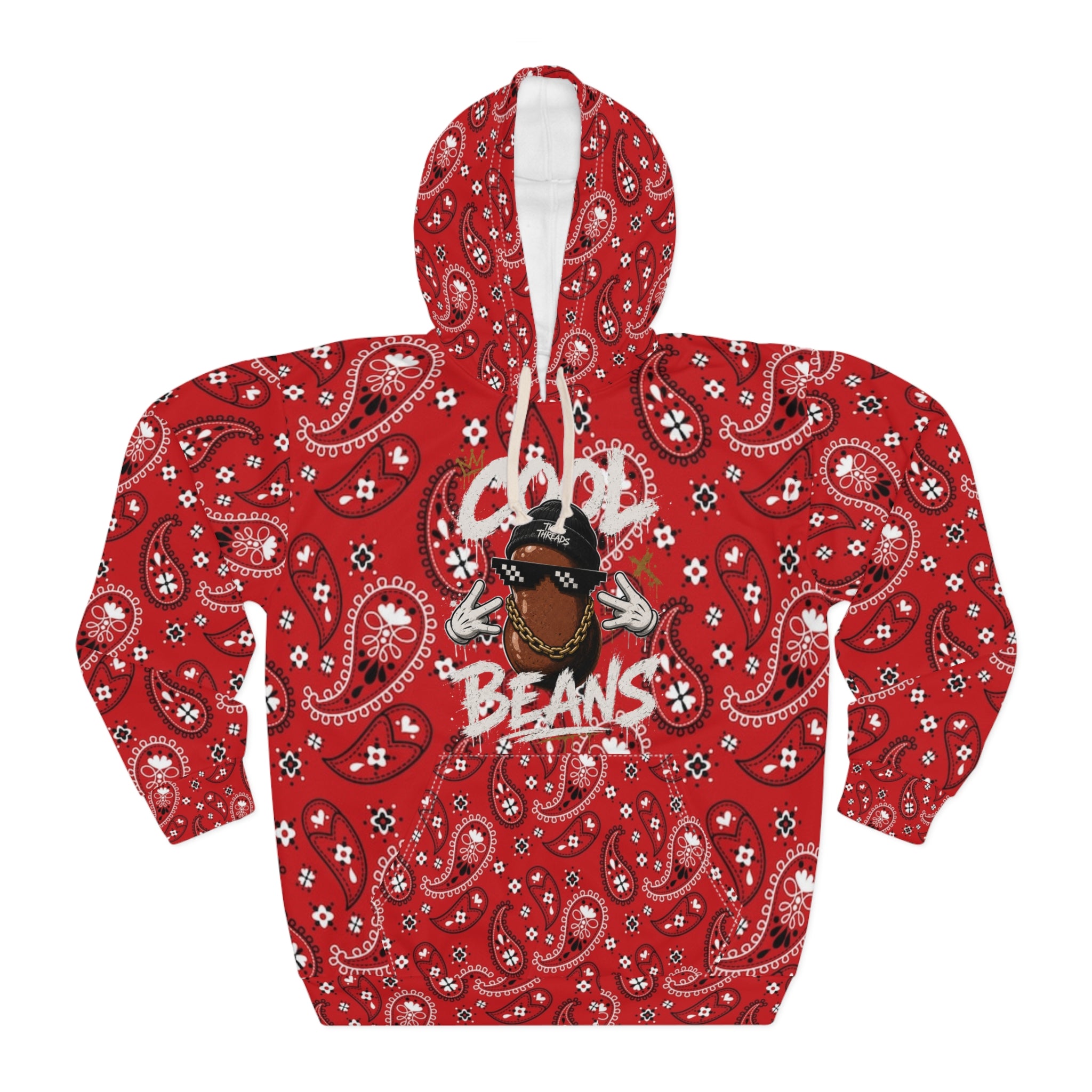 Cool Beans Bandana Graphic Hoodie | Red Paisley All-Over Print
