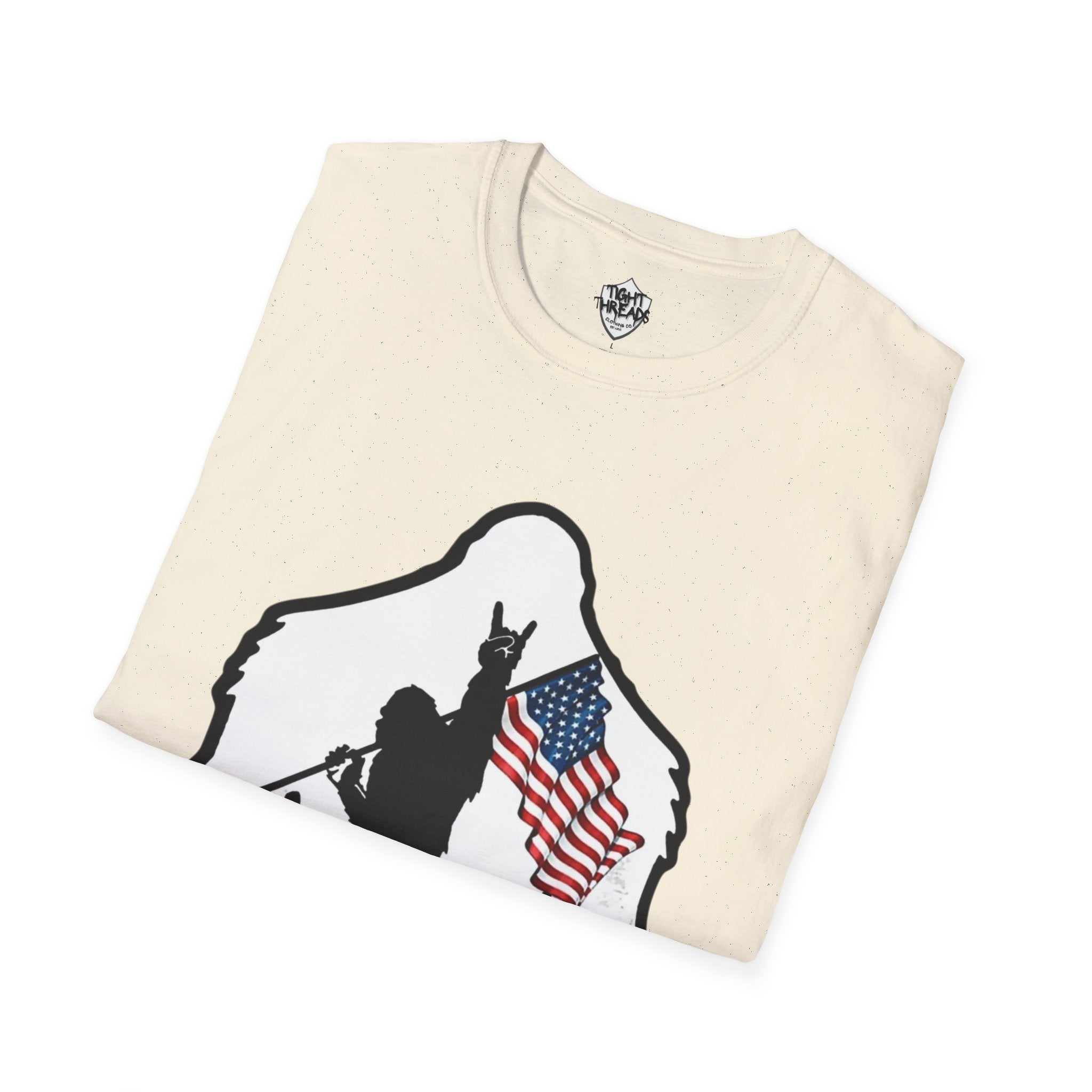 Bigfoot Silhouette Holding American Flag T-Shirt | Forest Outdoors Patriot
