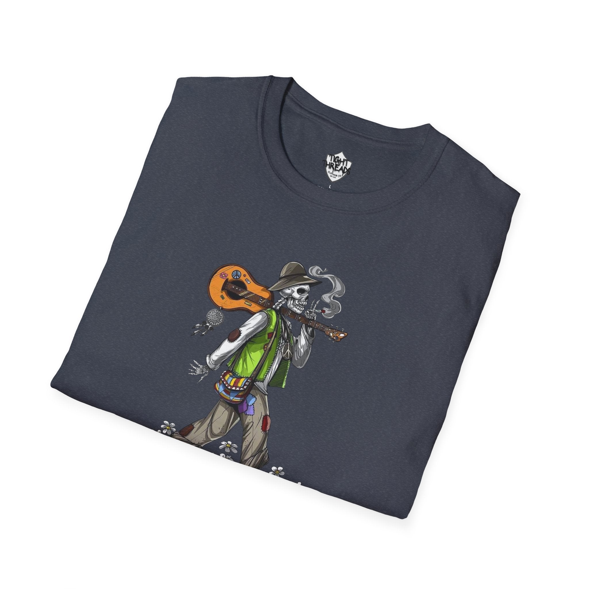 Festival Vibes Unisex Softstyle T-Shirt - Skull Guitar Graphic Tee, Music Lover Gift, Boho Apparel, Unisex Summer Shirt, Cool Casual Wear