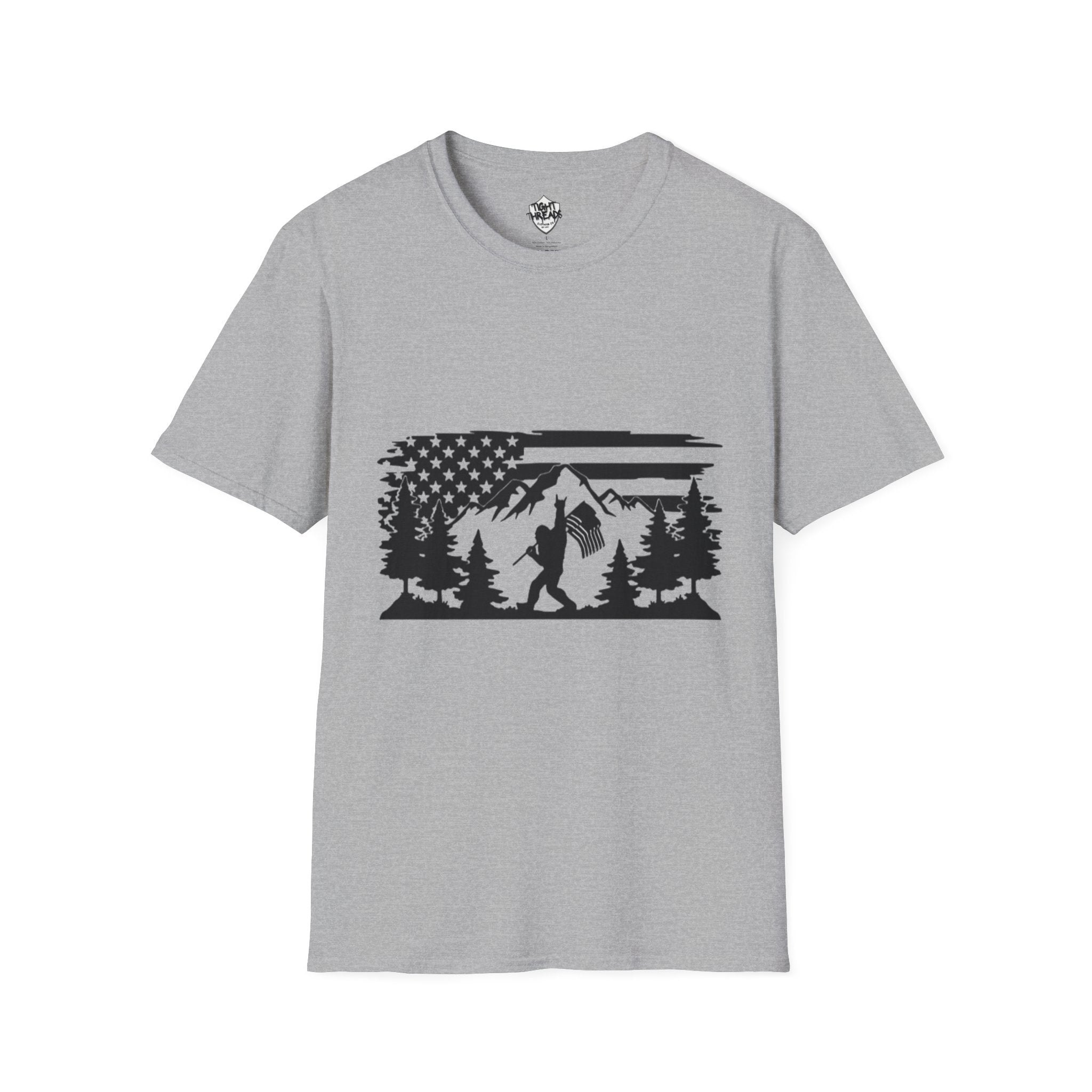Bigfoot Forest Flag T-Shirt | Sasquatch Hiking Mountain Tee