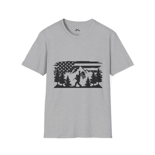 Bigfoot Forest Flag T-Shirt | Sasquatch Hiking Mountain Tee