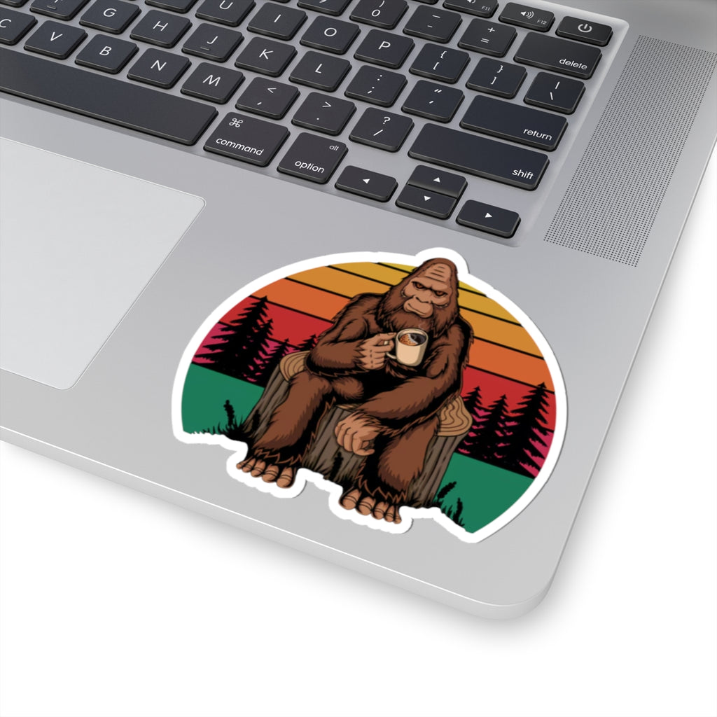 Coffee Drinking Bigfoot Kiss-Cut Sticker | Sasquatch Retro Sunset
