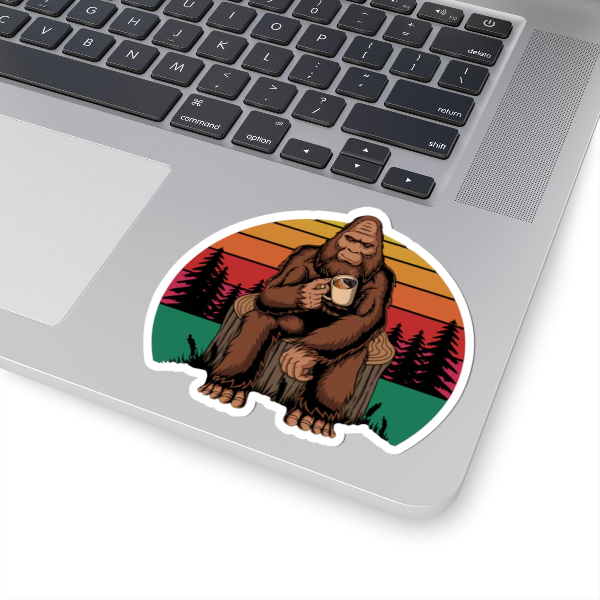 Coffee Drinking Bigfoot Kiss-Cut Sticker | Sasquatch Retro Sunset