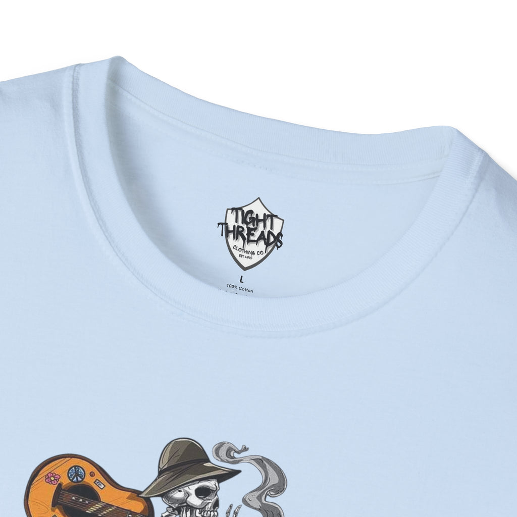 Festival Vibes Unisex Softstyle T-Shirt - Skull Guitar Graphic Tee, Music Lover Gift, Boho Apparel, Unisex Summer Shirt, Cool Casual Wear
